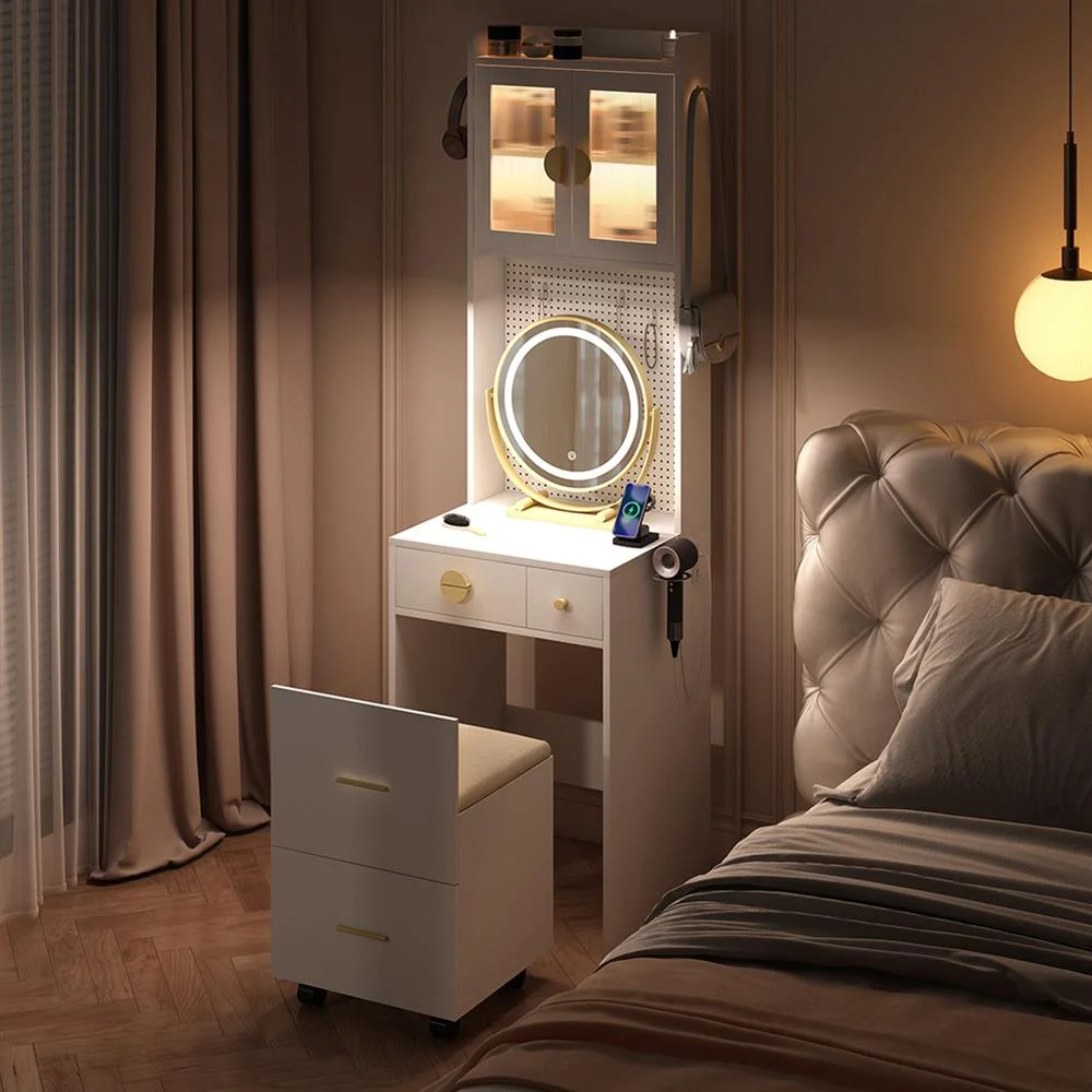 EDOEMSE Table & Chair Vanity Set, Vanity Set,Small Vanity Desk with Mirror and LED Lights, Makeup Table with Charging Station and drawers,Gray