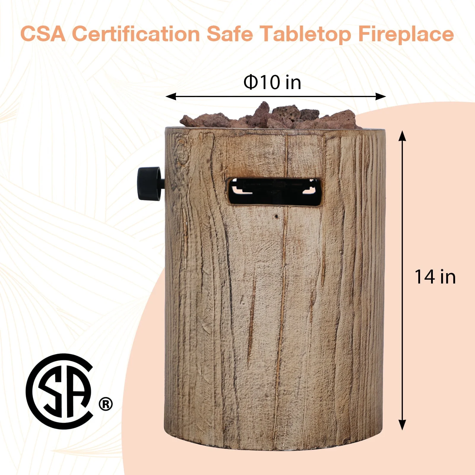 Tabletop Fireplace Small Propane Fire Pit, Patio Outdoor 10inch Portable Concrete Tabletop Gas Fire Bowl, Round-Wood Pattern Brown