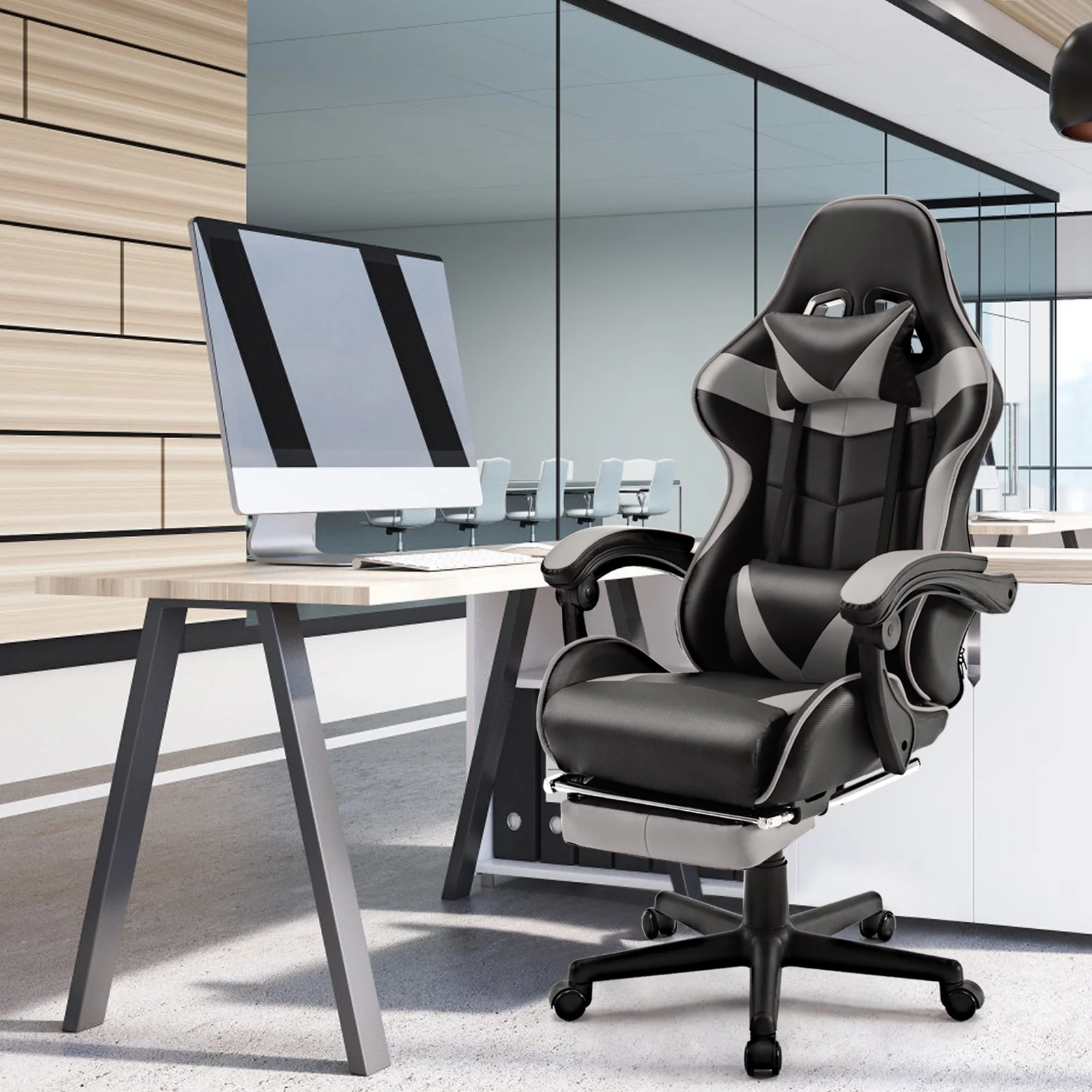 SOONTRANS Green Gaming Chair with Footrest, High Back Gamer Chair with Massage Lumbar Pillow, Gamer Computer Desk Chair (Green)