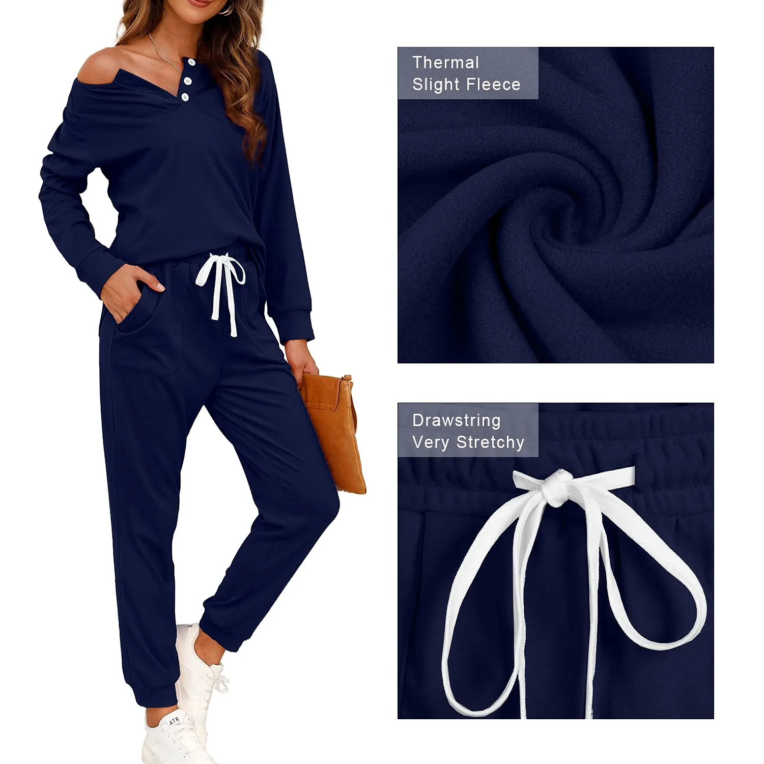 WIHOLL 2 Piece Outfits for Women Fall, Lounge Sets for Women Joggers Sweatpants Navy Blue L