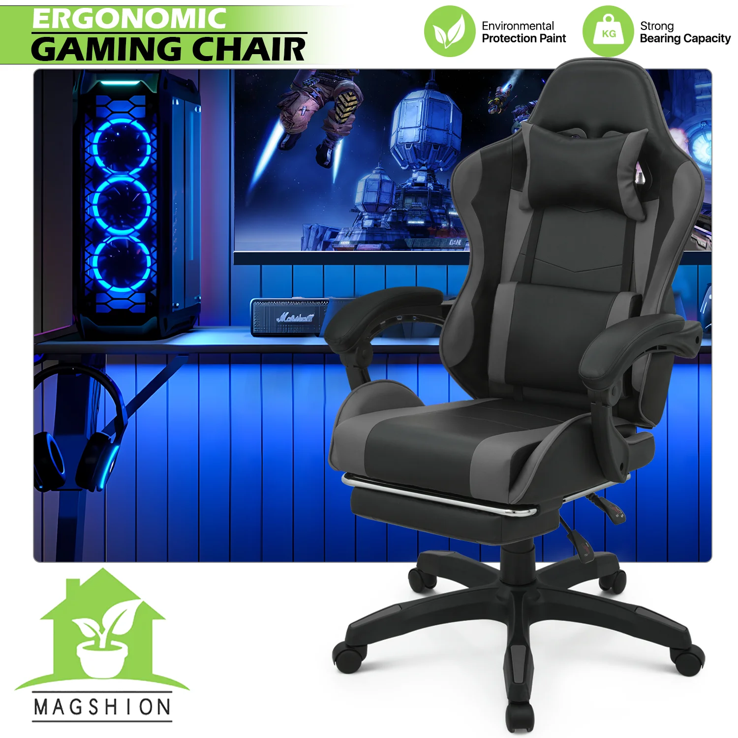Magshion Adjustable Gaming Chair, Ergonomic PC Computer Seat with Headrest and Lumbar Support for Adults Teens Desk Chair, Black