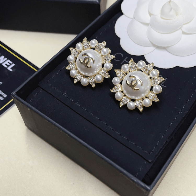 Chanel Cc Logo Sunburst Stud Earrings With Pearls And Rhinestones Gold-Tone