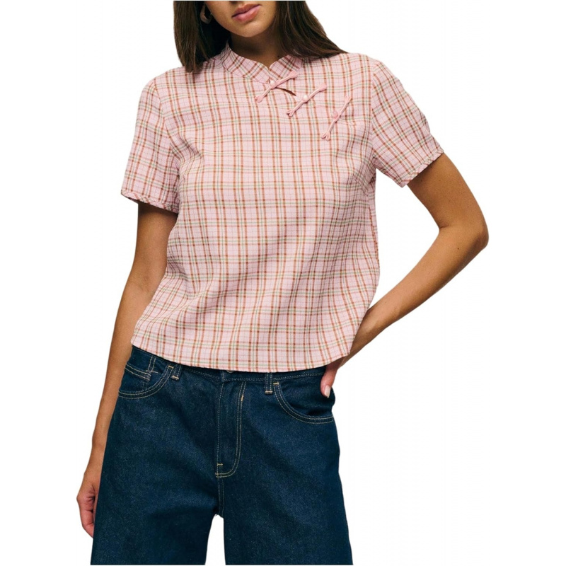 Women's Plaid Cheongsam Top Short Sleeve Mock Neck Gingham Blouse Shirts