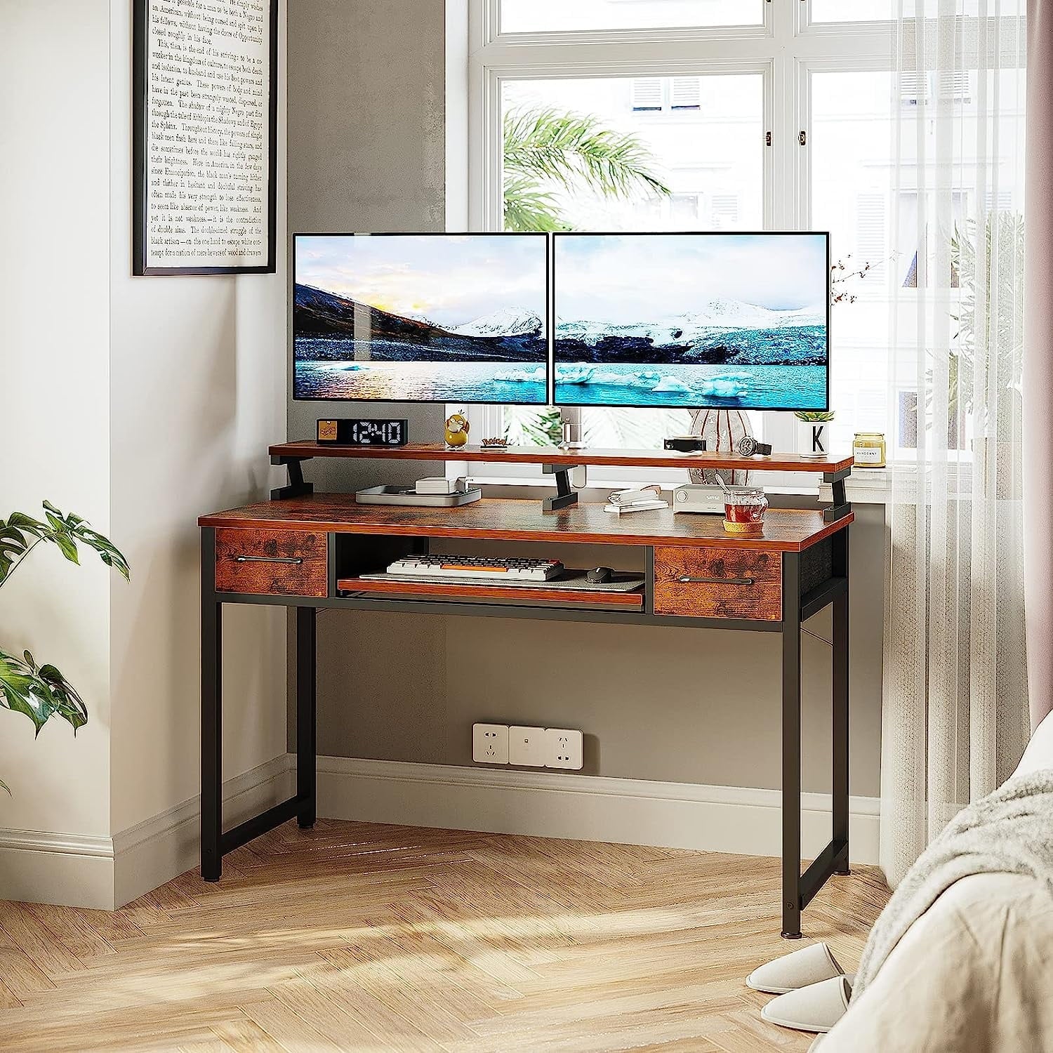 48 inch Computer Desk with Keyboard Tray, Modern Home Office Desk with Shelf & Drawers, Study Desk for Student, Rustic Brown