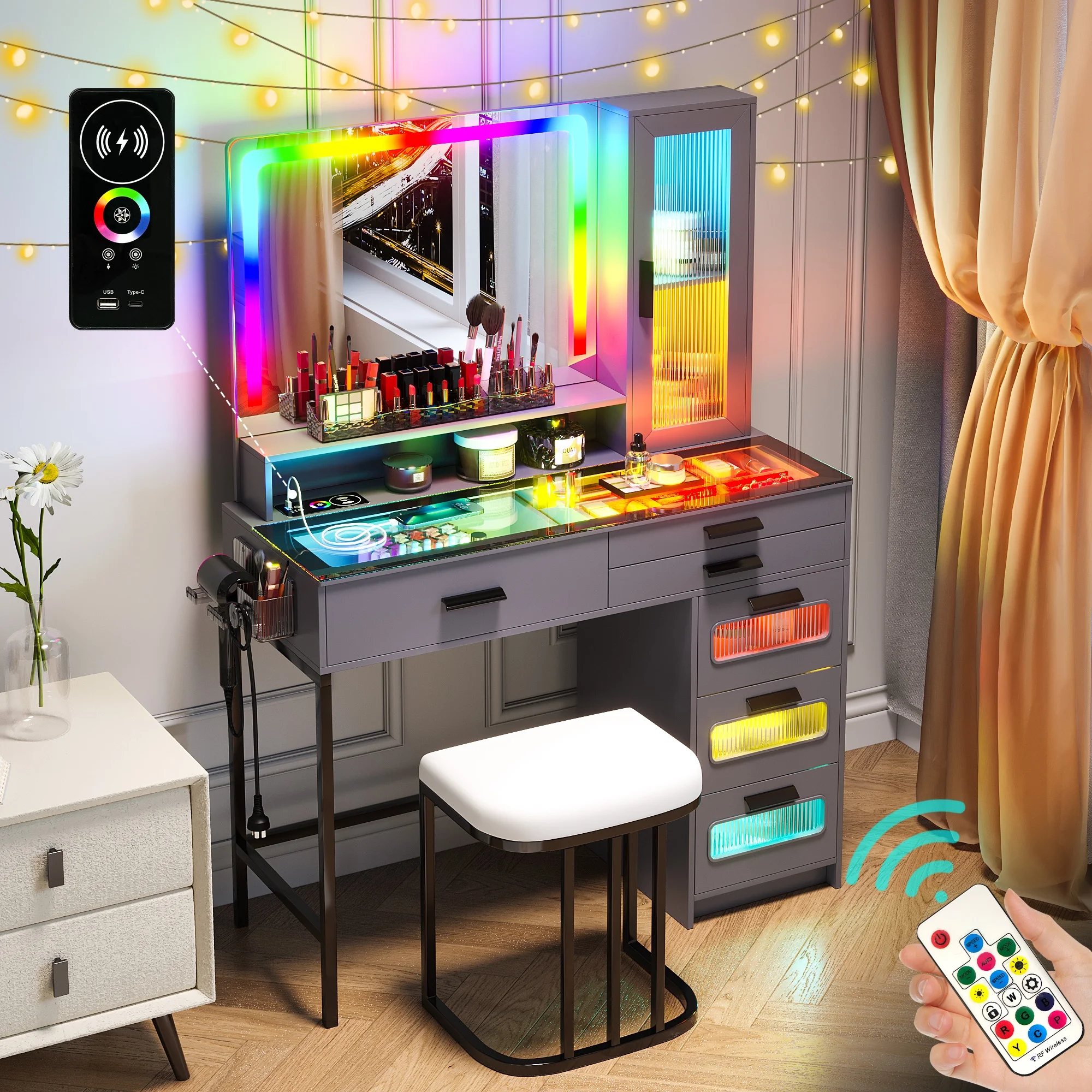 HNEBC Vanity Desk with Mirror and RGB Lights, Glass Top Makeup Vanity with Auto Sensor Lights and Wireless Charging, Vanity Table Set with Cushion Stool, Dressing Table with 6 Drawers (White)