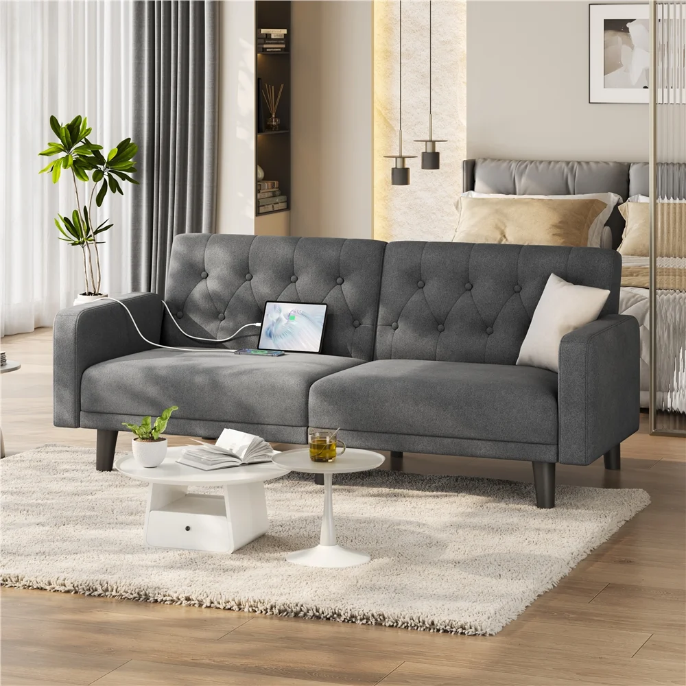 Renwick 63in Convertible Futon Sofa Bed with USB Ports for Living Room, Dark Gray