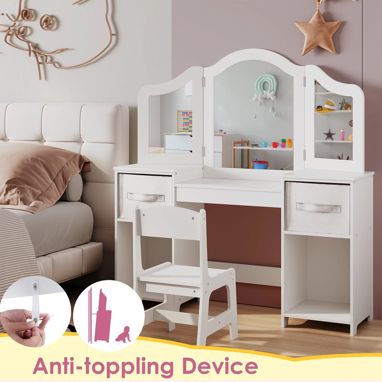 Arlopu Kids Vanity Set with Stool, Wooden Makeup Vanity Desk Children Dressing Table with Chair, Tri-Folding Mirror, Storage Cabinet & Drawers