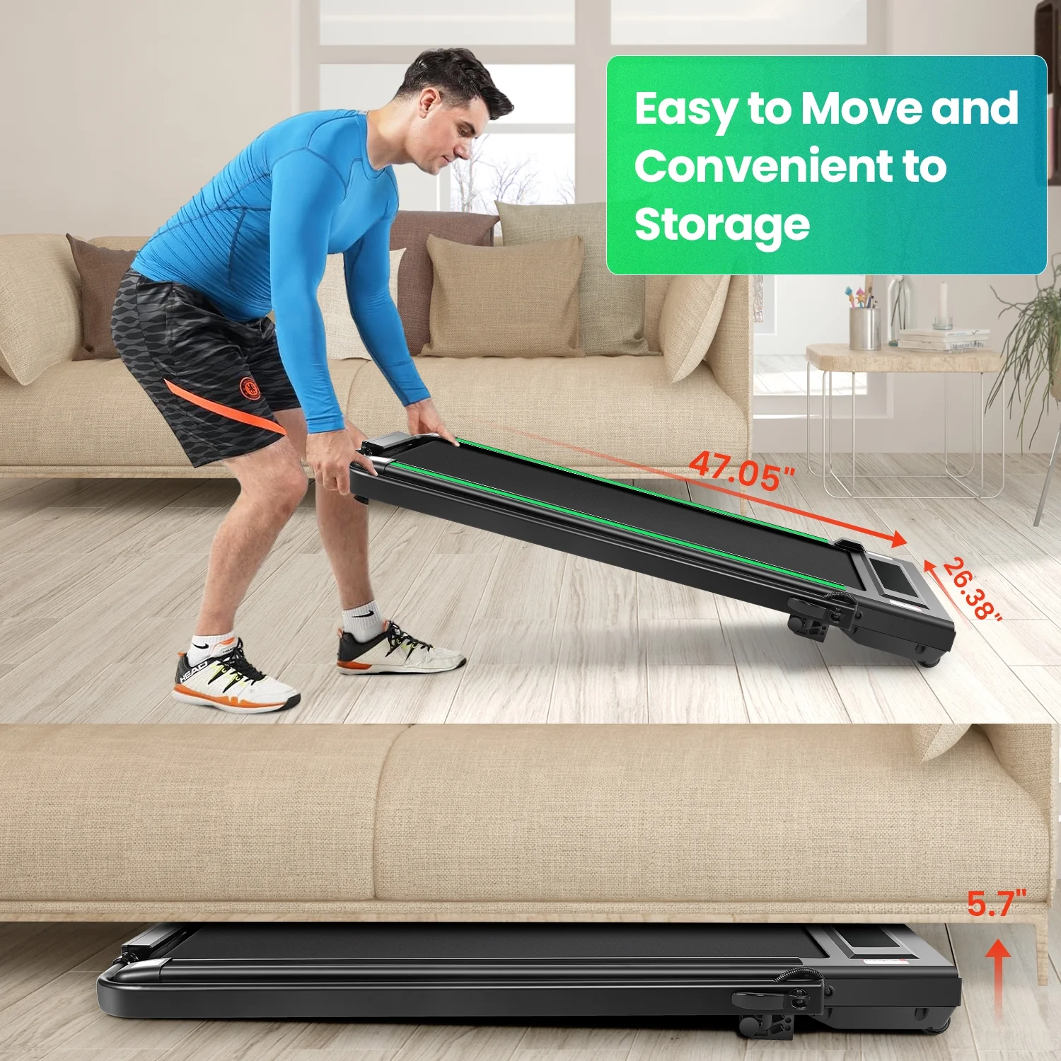 2 in 1 Walking Pad Treadmill with Incline, 2.5HP Under Desk Treadmill with Handle Remote Control & LED Touch Screen for Home Office Workout, 300lbs Weight Capacity Black & Green