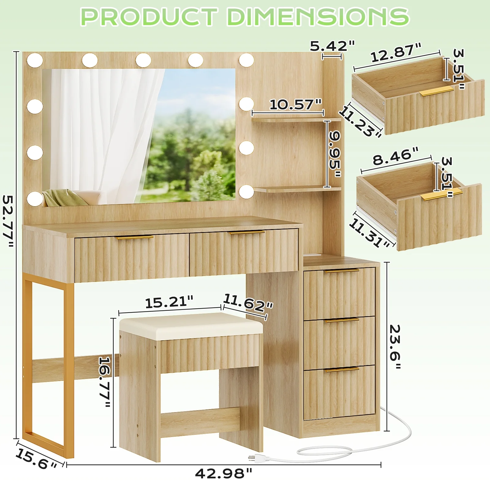 Ktaxon Flutted Makeup Vanity Table Set with 5 Drawer, Dressing Table w/Charging Station, Vanity Desk for Femal Gift, White