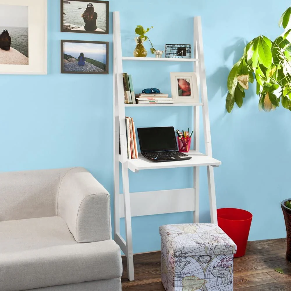 Haotian FRG60-W, White Ladder Shelf Desk, Bookcase, Book Shelf, Leaning Desk With Shelves, Wall Shelf