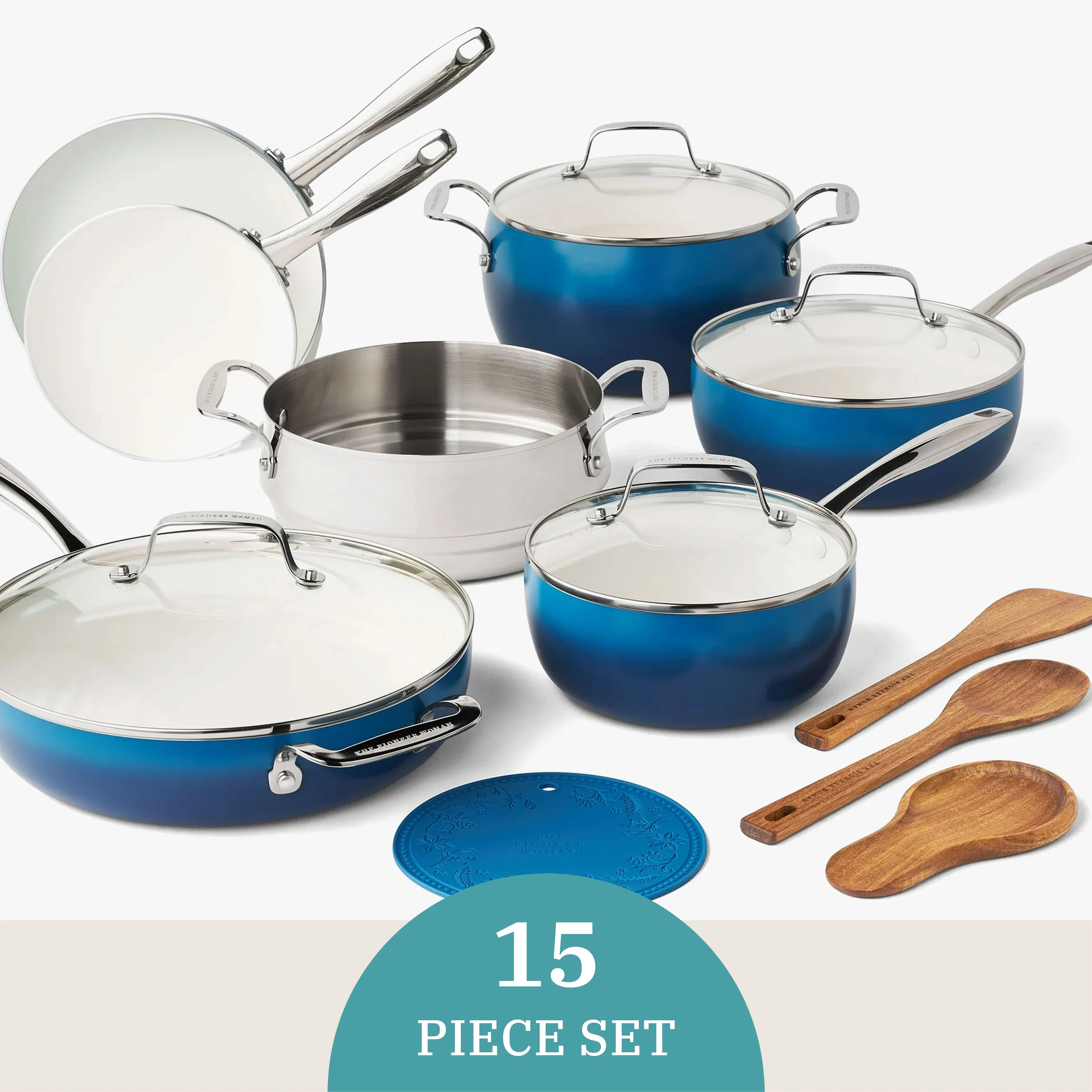 The Pioneer Woman Harlow 15-Piece Cookware Set, Ceramic Non-Stick Pots and Pans Set, Taupe