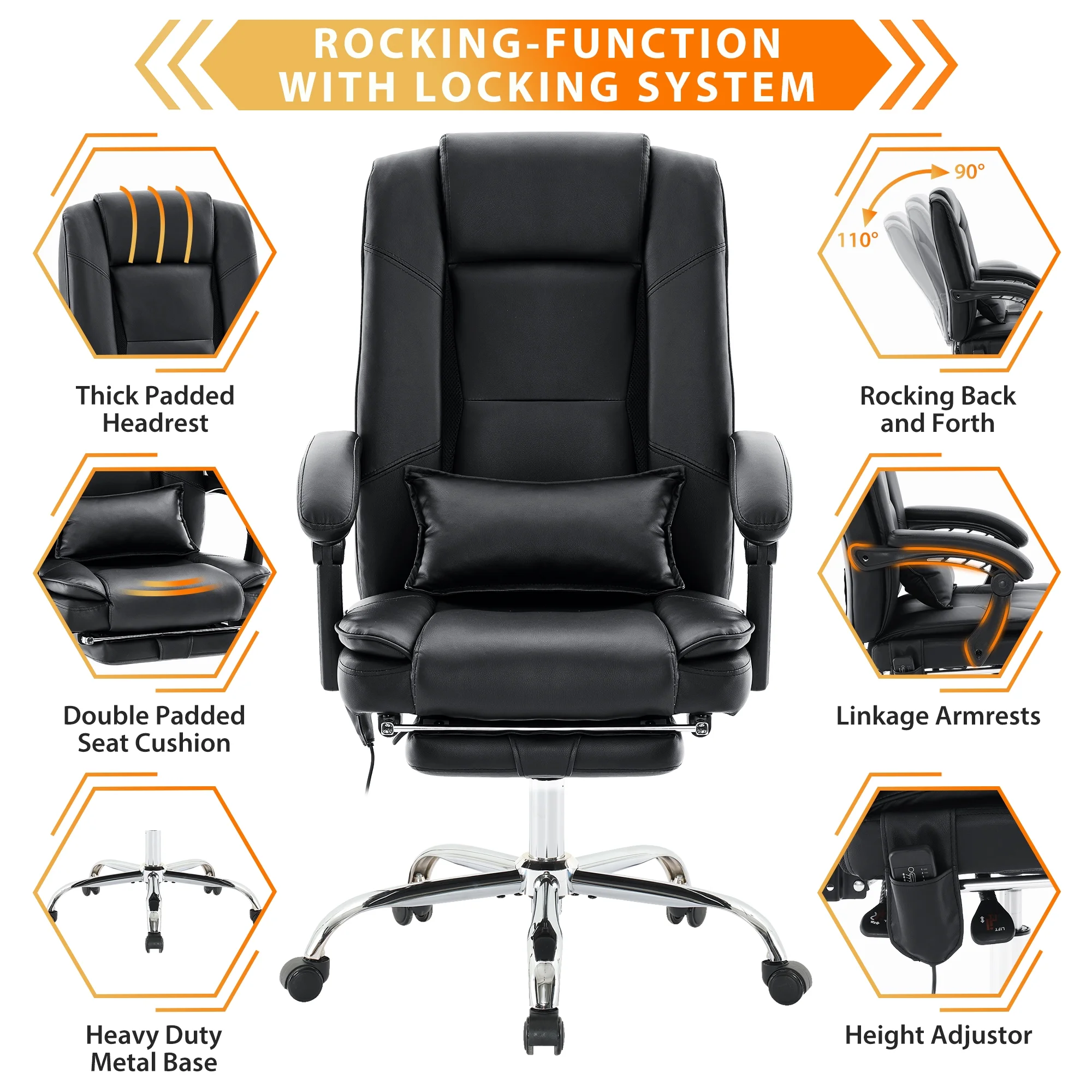 JONPONY Big and Tall Office Chair 500LBS Executive Office Chair Massage and Footrest Ergonomic Computer Desk Chair Reclining High Back Leather Office Chair Lumbar Back Support Swivel Rolling,Black
