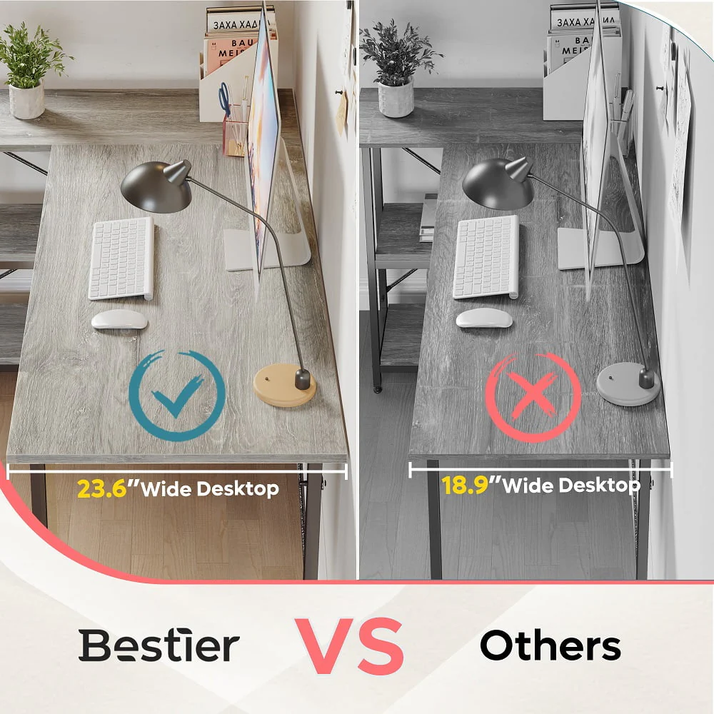 Bestier 47 inch Corner L-Shaped Desk with Storage Shelves Writing Desk Wash Grey