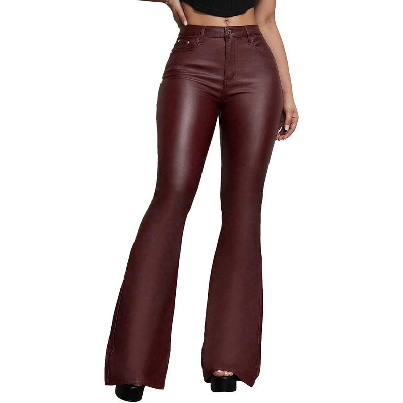 Women's Faux Leather Coated Flare Pants Mid