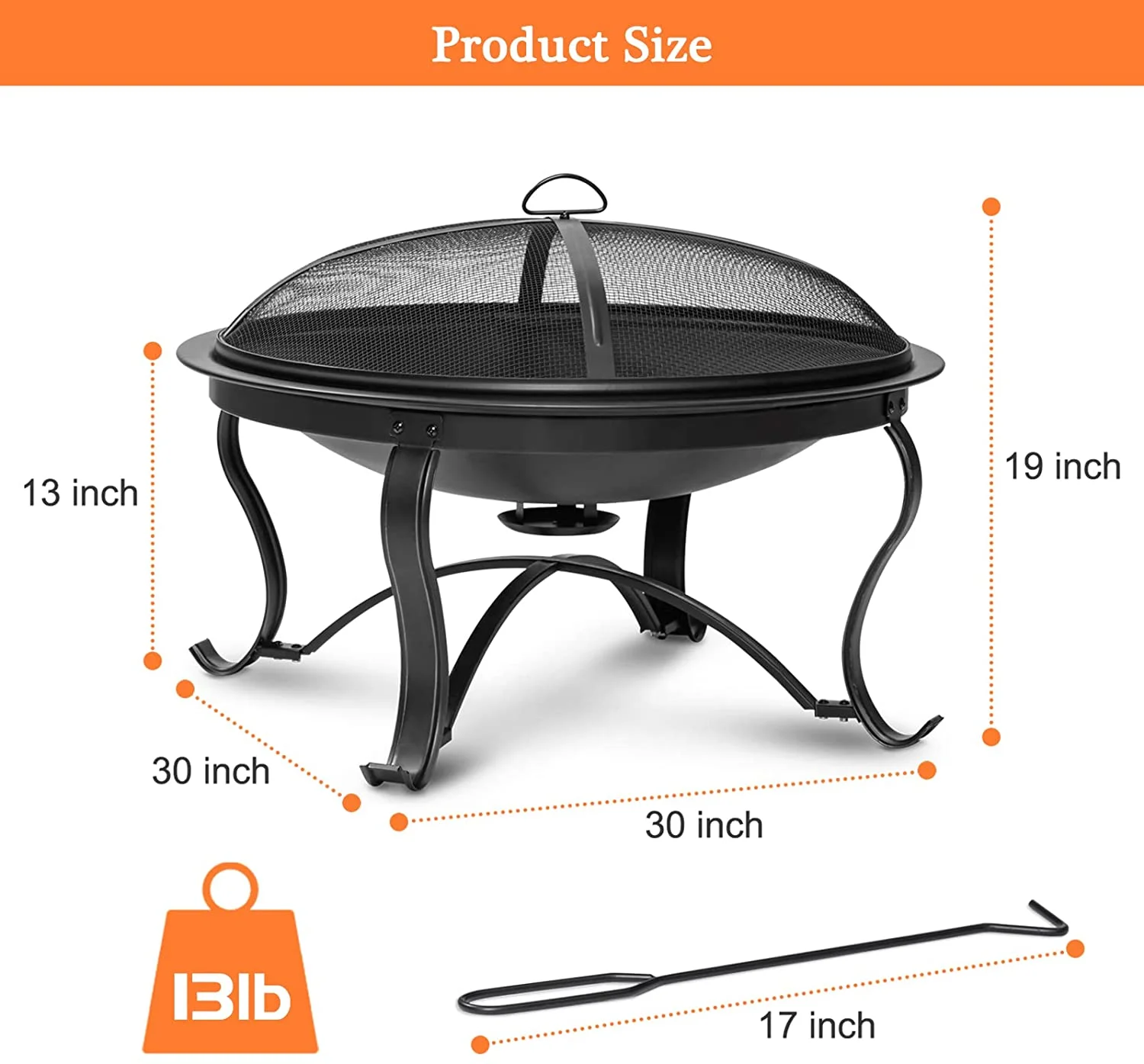 SinglyFire 30 inch Fire Pits for Outside Firepit Outdoor Wood Burning Bonfire Pit Steel Firepit Bowl for Patio Backyard Camping, with Ash Plate, Spark Screen, Log Grate, Poker