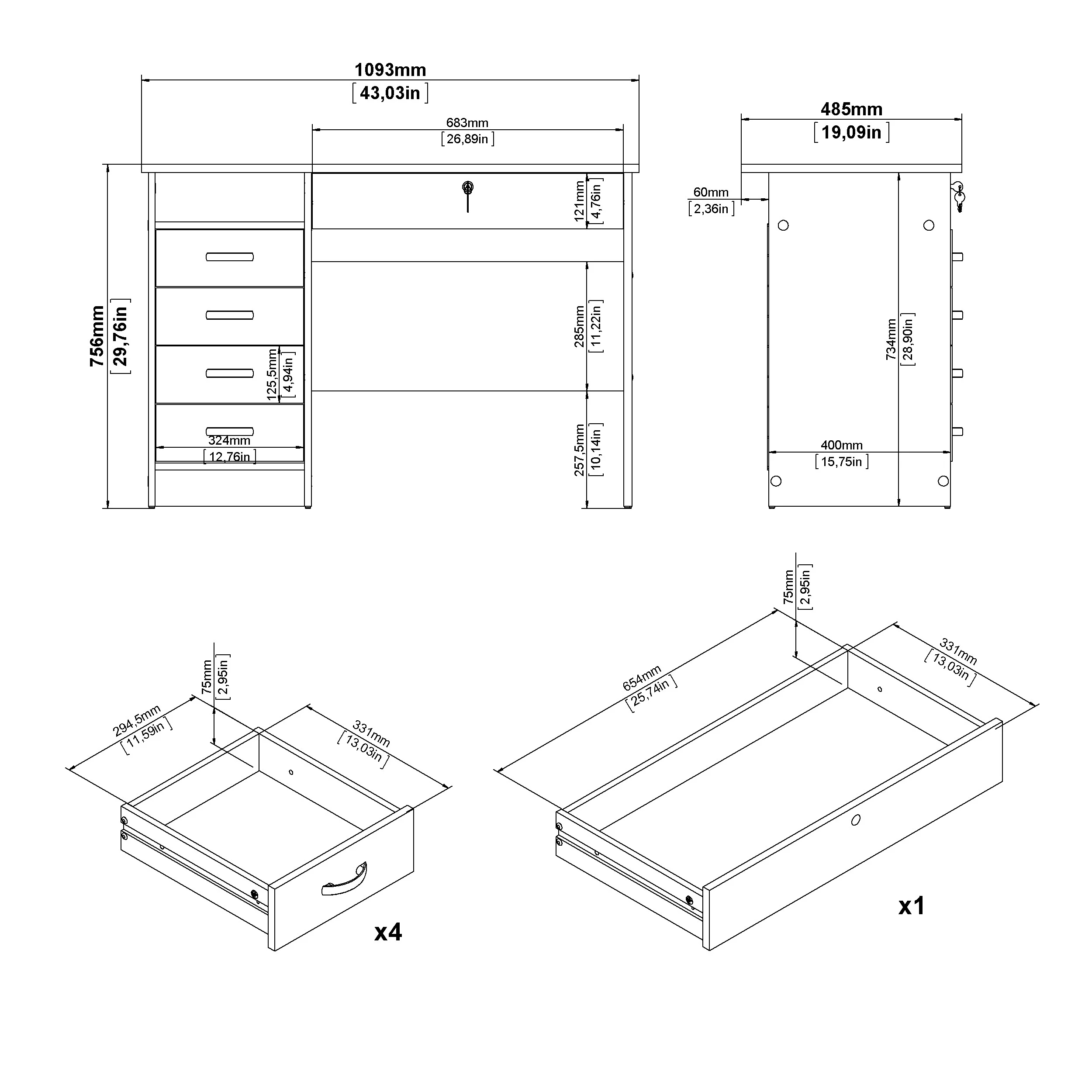 Tvilum Walden 5 Drawer Desk with 1 Locking Drawer for Adults, Oak Finish