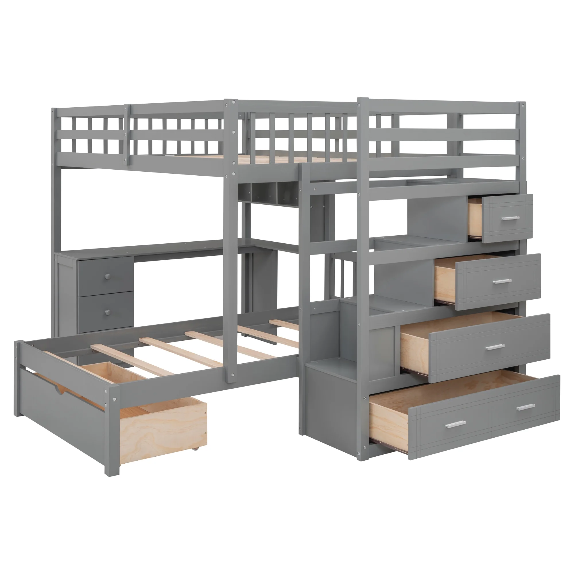 Harper & Bright Designs Full Over Twin Bunk Bed with Desk, Drawers and Shelves, L-Shaped Bunkbeds with Storage Staircase for Adults Bedroom, White