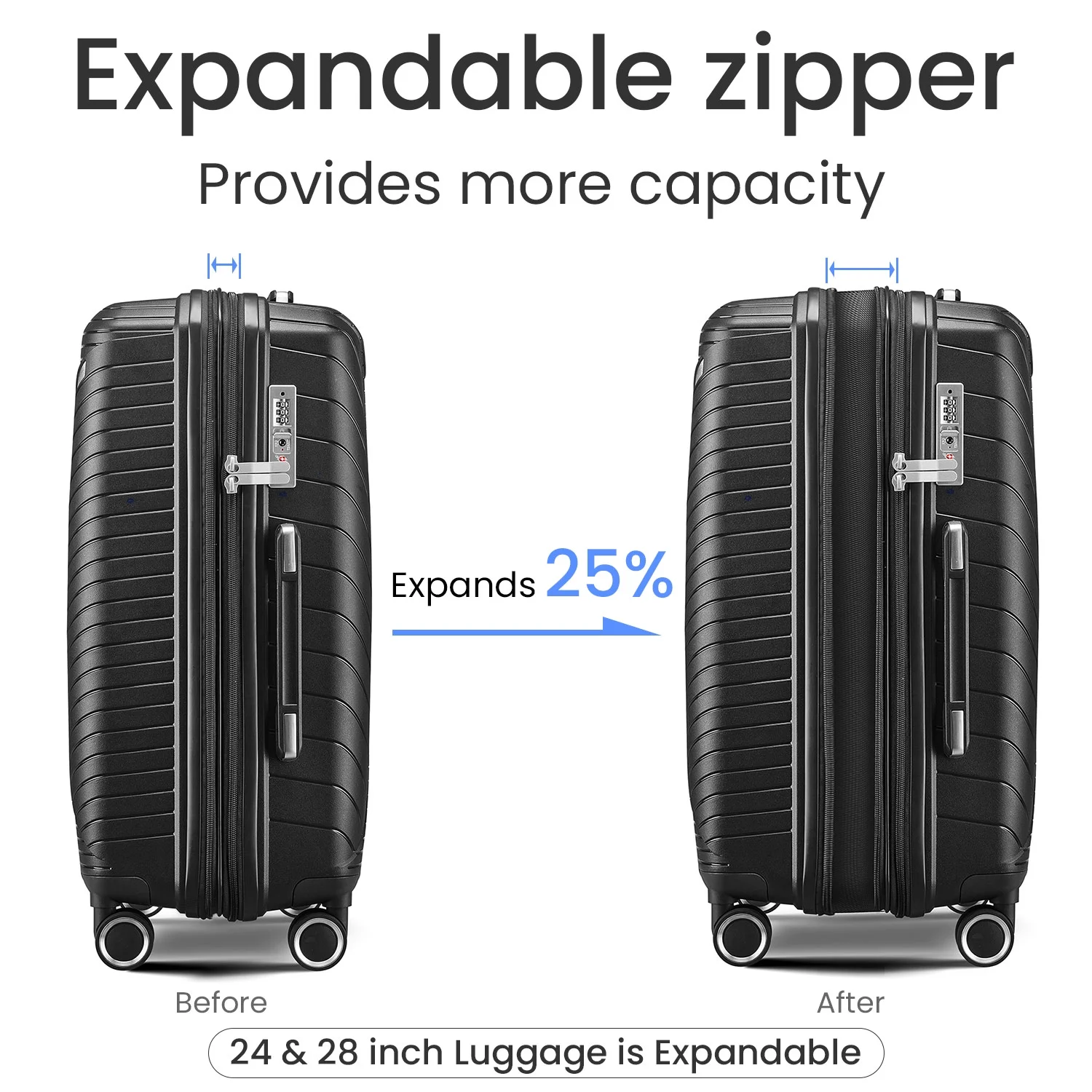 4 Piece Luggage Set, Expandable Lightweight Suitcase Set, PP Materials Travel Luggage with TSA Lock Spinner Wheels, White (14/20/24/28)