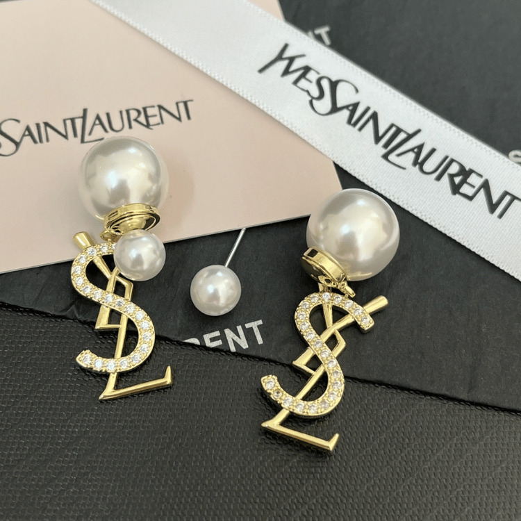 Yves Saint Laurent Cassandre Logo And Pearl Double Earrings Gold-Tone