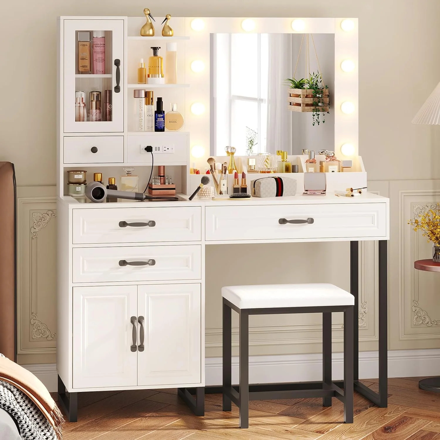 AMUZER Modern Vanity Desk Set with Mirror and Lights & Stool, Makeup Vanity Table with Charging Station, 4 Stoarge Drawers & Double-Door Cabinet, White