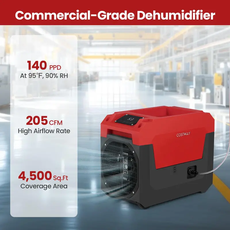 140-Pint Portable Industrial Dehumidifier – Pump-Enabled Unit for High-Moisture Basements