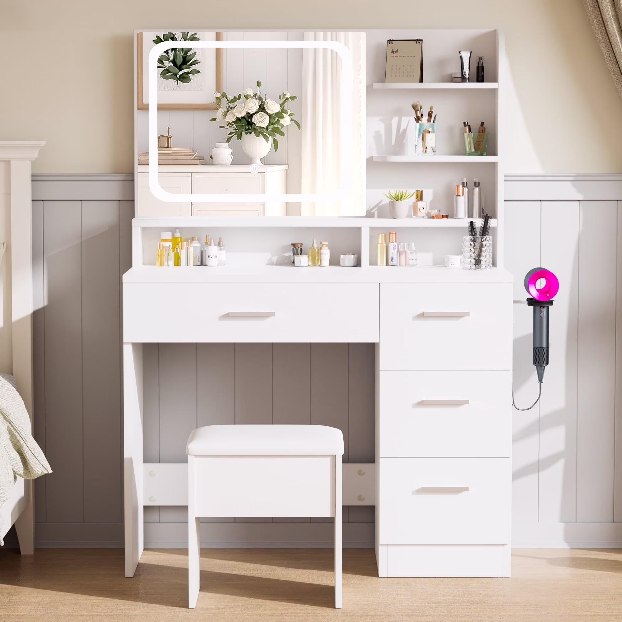 LIVELYGLOW Vanity Desk with Mirror and Lights, Makeup Vanity with Drawer & Storage Shelves, Cabinet, 3 Lighting Modes Adjustable Brightness,White