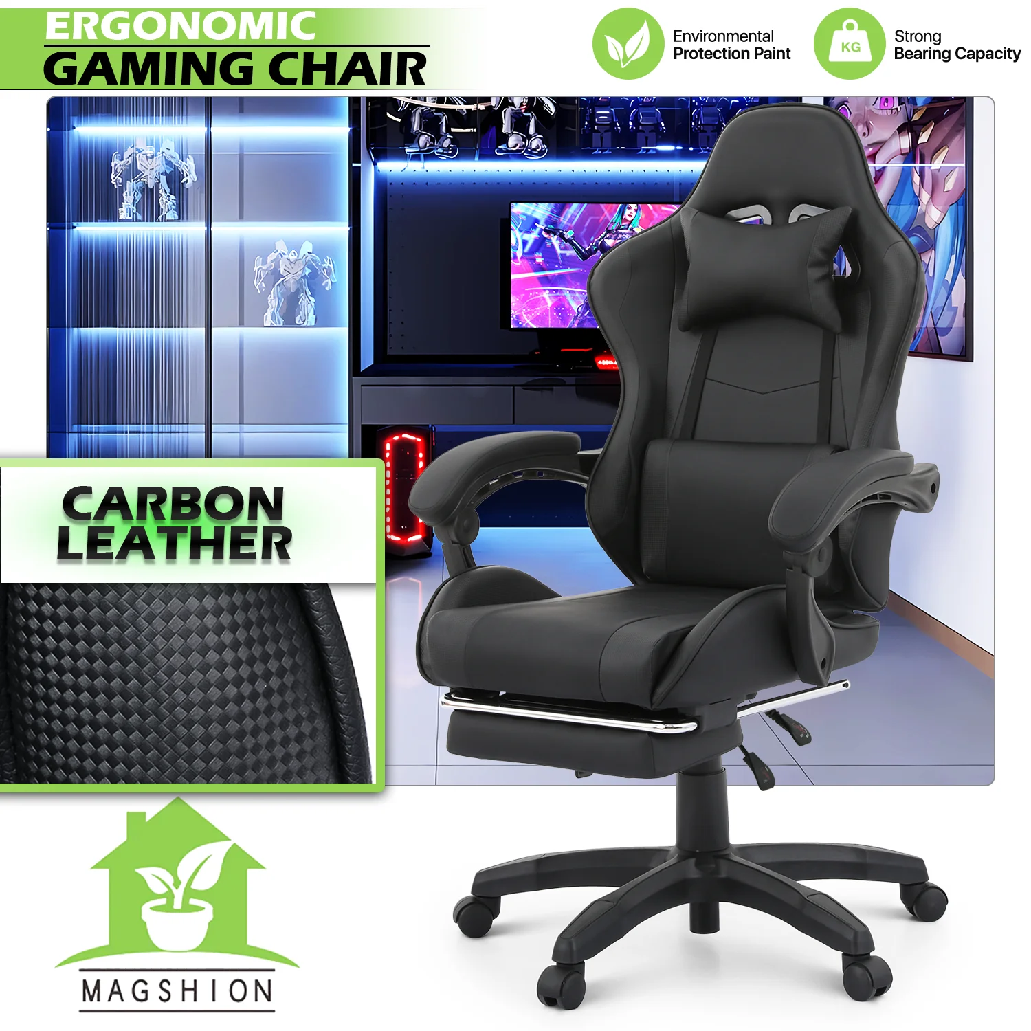 Magshion Adjustable Gaming Chair, Ergonomic PC Computer Seat with Headrest and Lumbar Support for Adults Teens Desk Chair, Black