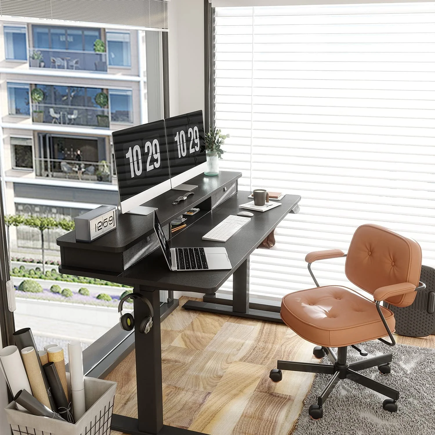 Fezibo Height Adjustable Electric Standing Desk with Drawers and Storage Shelf, Sit Stand Desk with Splice Board, Black Finish, 55
