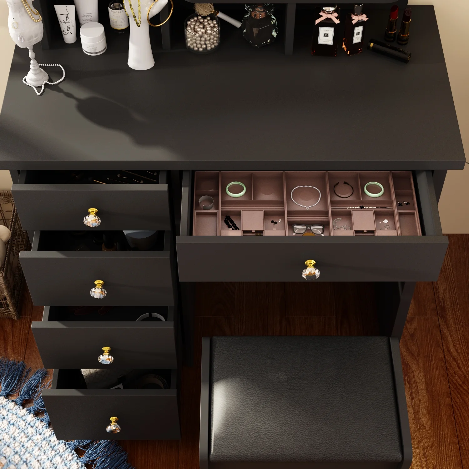 KULAGAGA Vanity Table Set with Light Mirror, Makeup Table with 3 Storage Shelves & 5 Drawers, Dressing Vanity Tables with , Dresser Desk for Girls, Women, White