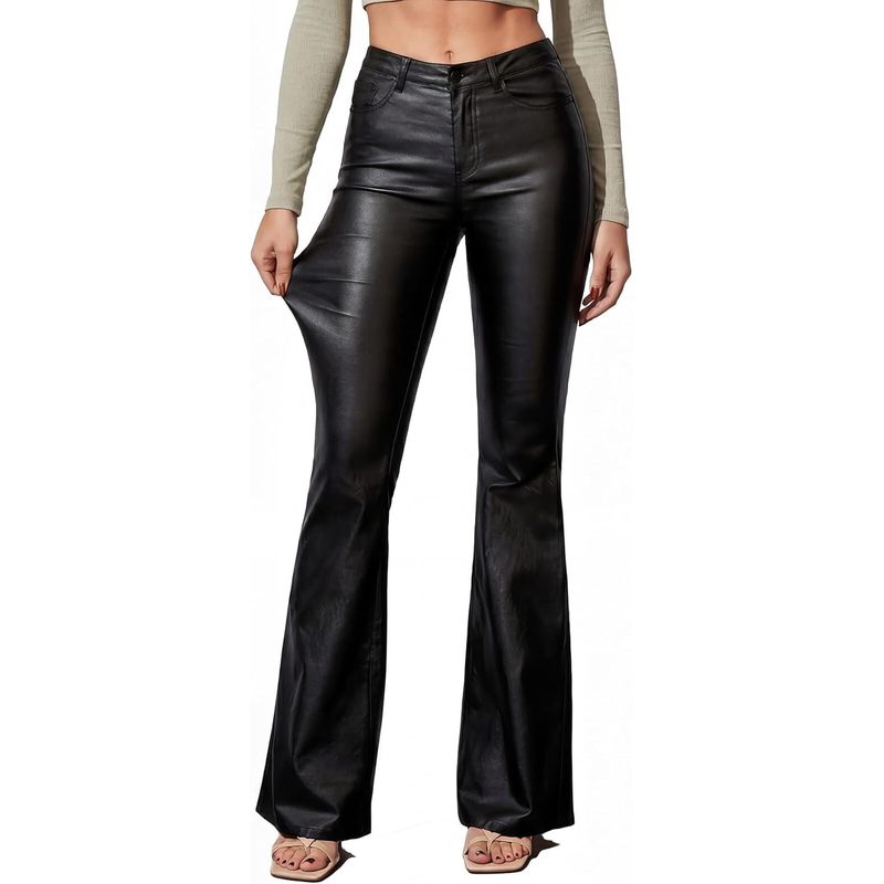 Women's Faux Leather Coated Flare Pants Mid Waist Black
