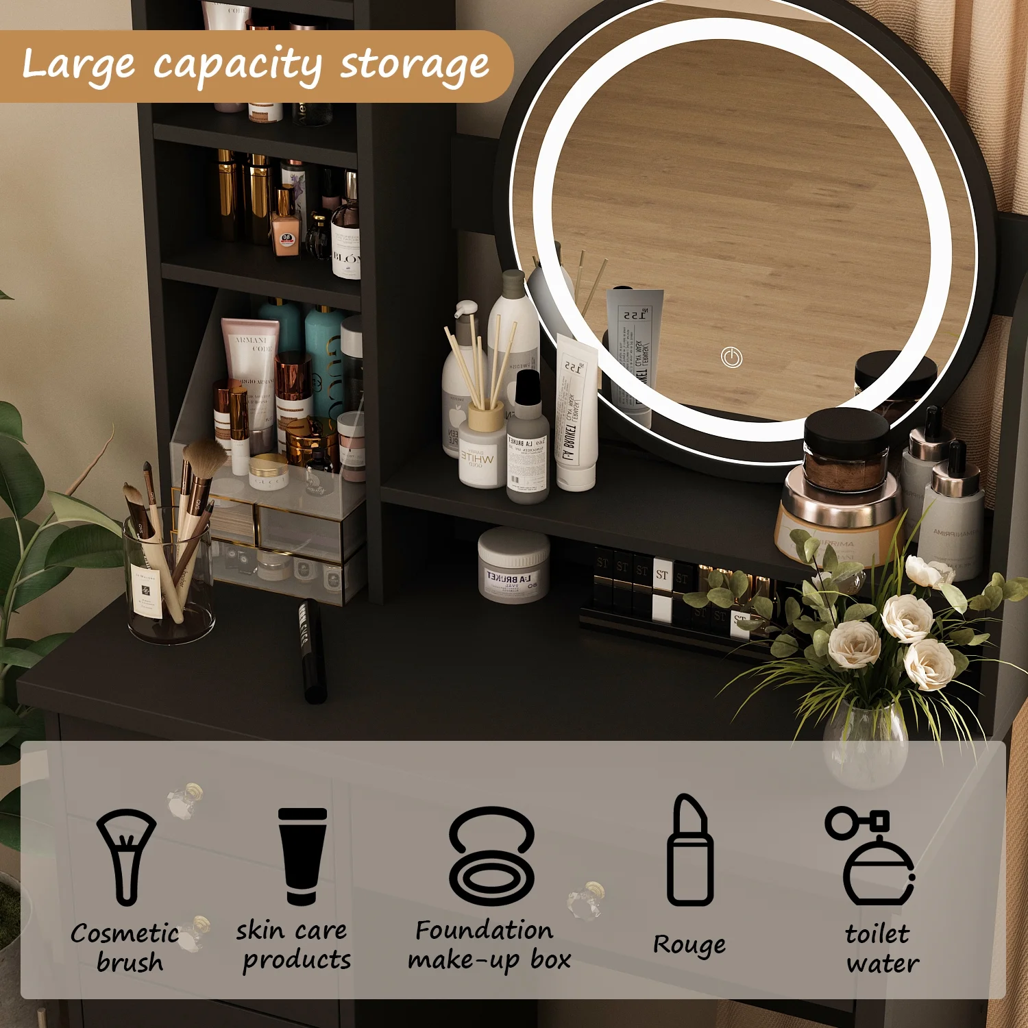OXYLIFE Makeup Vanity Desk Table with Sliding LED Lighted Mirror, Cushion Stool, 4 Drawers and Shelves, White+Gray