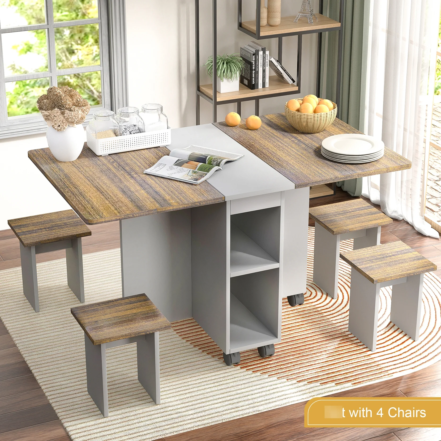 4 Folding Dining With 55'' Drop Leaf Table & 4 Chairs, Storage, 6 Wheels, Robust , Brown, Space Saving For Interiors Extendable Wood, Firm Home Use