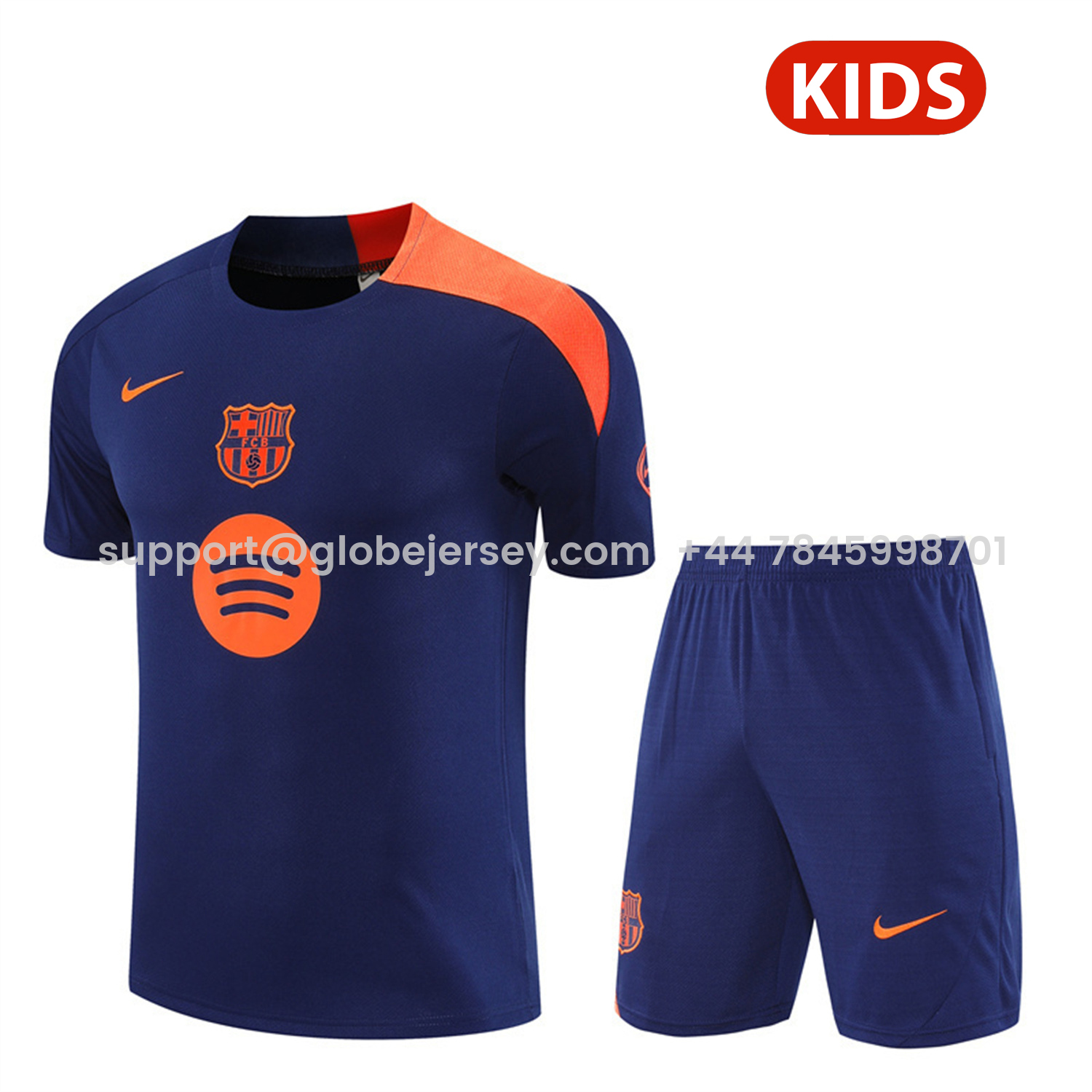 Barcelona 25-26 Kids Short-Sleeve Training Set - Royal Blue Top Orange Sponsor & Royal Blue Shorts