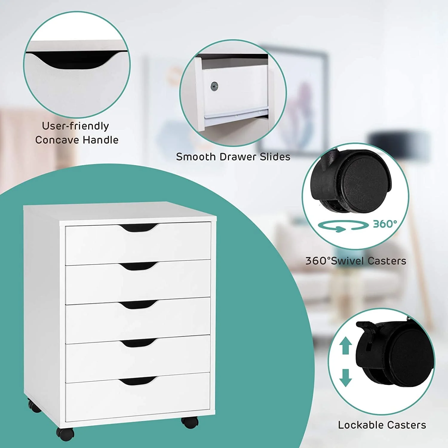 DWVO Wood File Cabinet Rolling Cart 5 Drawer Home Office Storage Organizer White