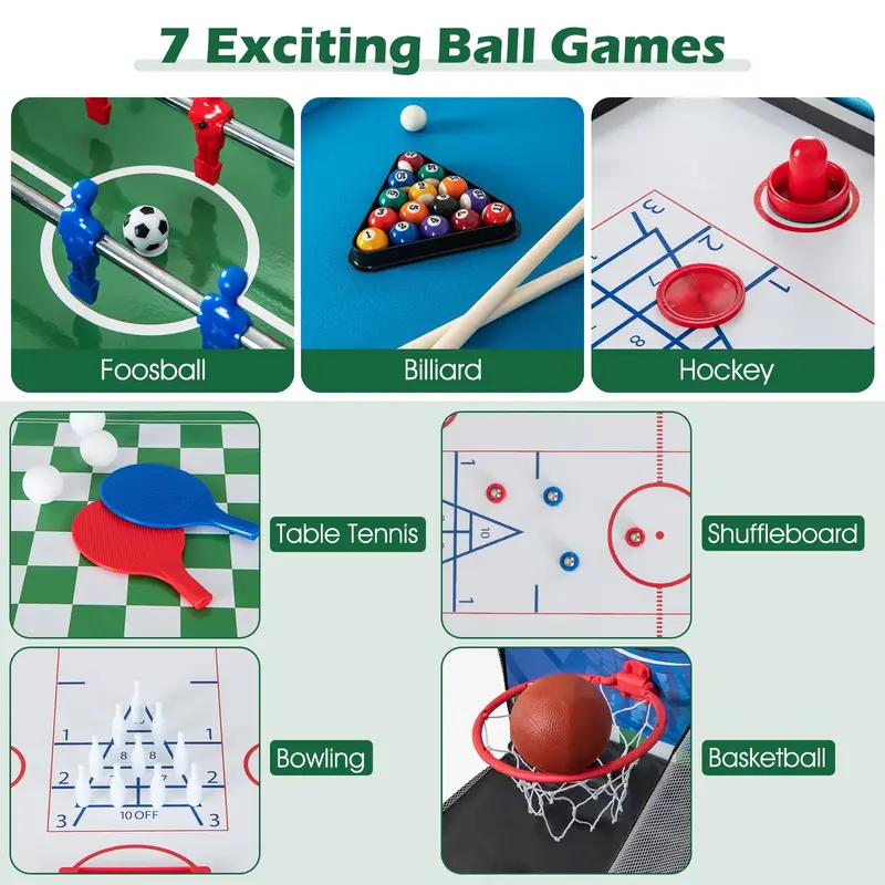 14-in-1 All-in-One Game Table Featuring Foosball. Air Hockey. Billiards. Table Tennis. Basketball. Chess. Checkers. Bowling & Shuffleboard