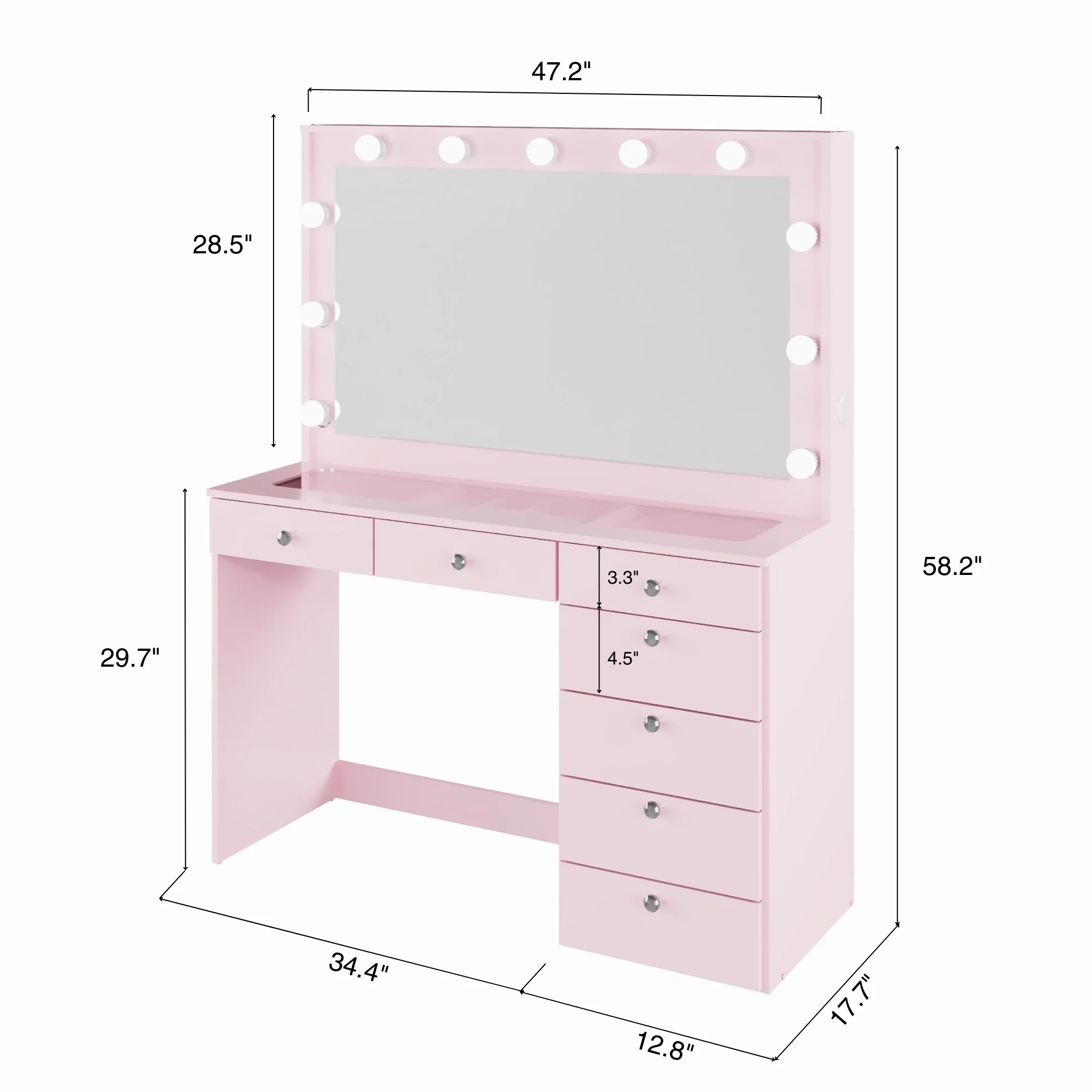 Ember Interiors Modern Large Greige Makeup Vanity Desk with Built-in Lights, Power Outlet with USB Type-C, Glass Top, 7 Drawers and Crystal Knobs