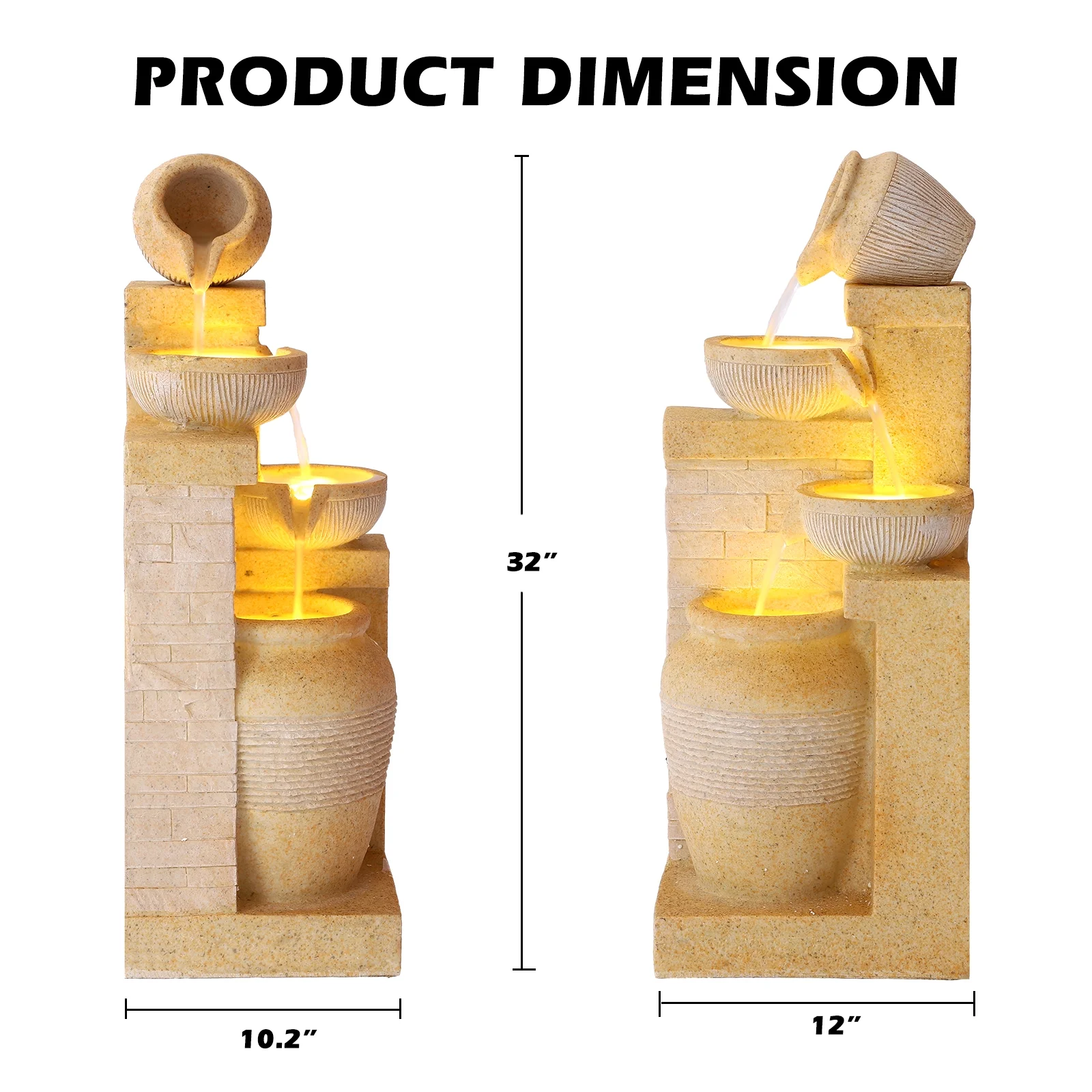 Magic Union Outdoor 4-Tiers Water Fountain, Garden Cascading Waterfalls Fountain with LED Lights, 32