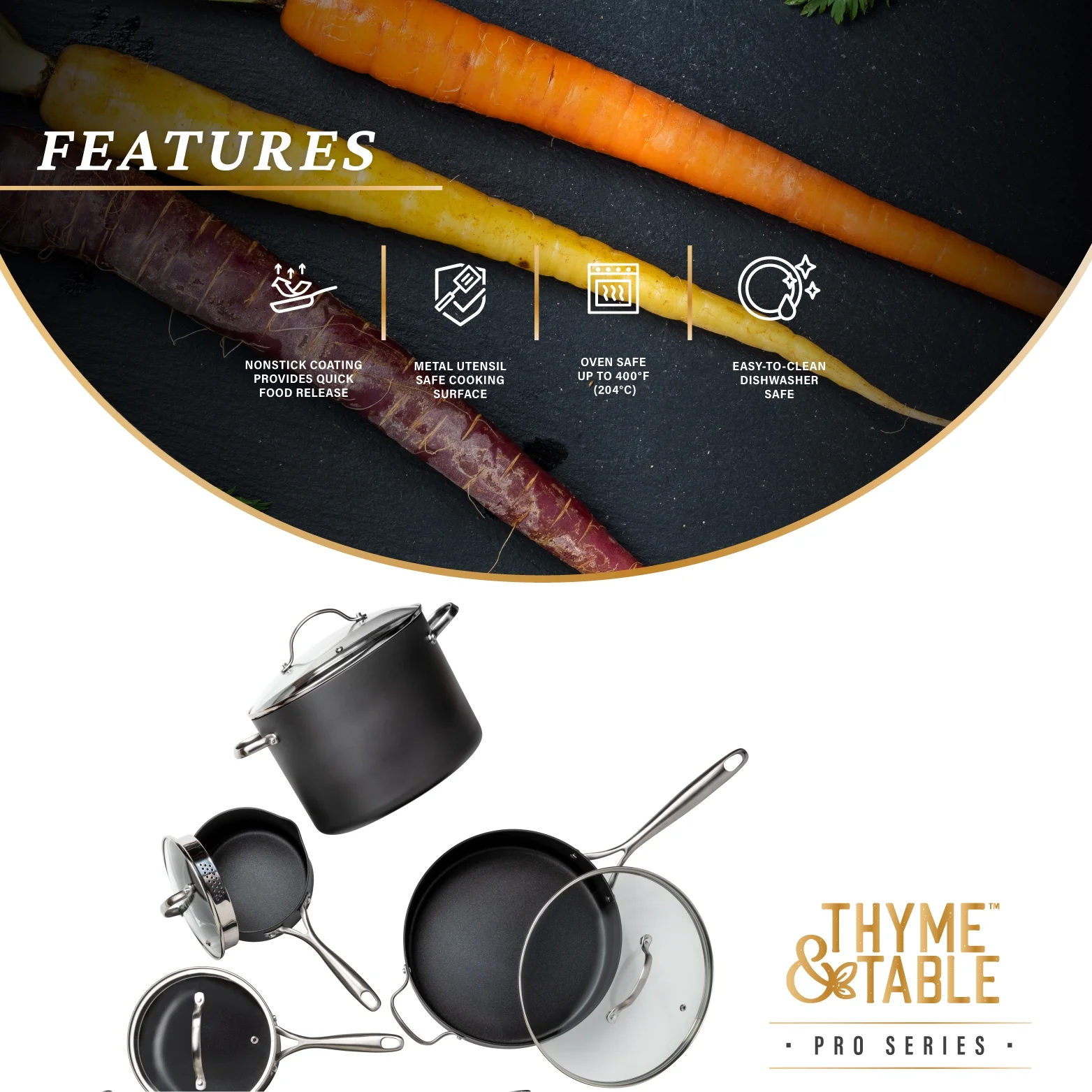 Thyme & Table 15-Piece Non-Stick Hard Anodized Cookware Set, Pots and Pans Set - Black