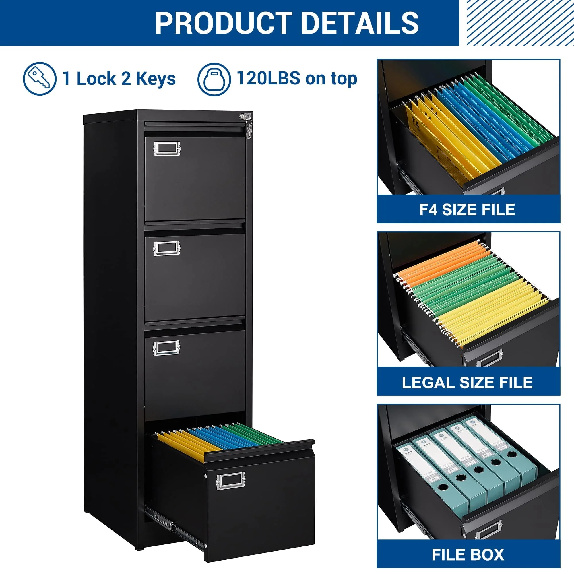 STANI 4 Drawer File Cabinet with Lock, Black Vertical Metal Filing Cabinets Home Office Storage File Cabinet for Hanging Files Folders Letter/Legal/A4 Size