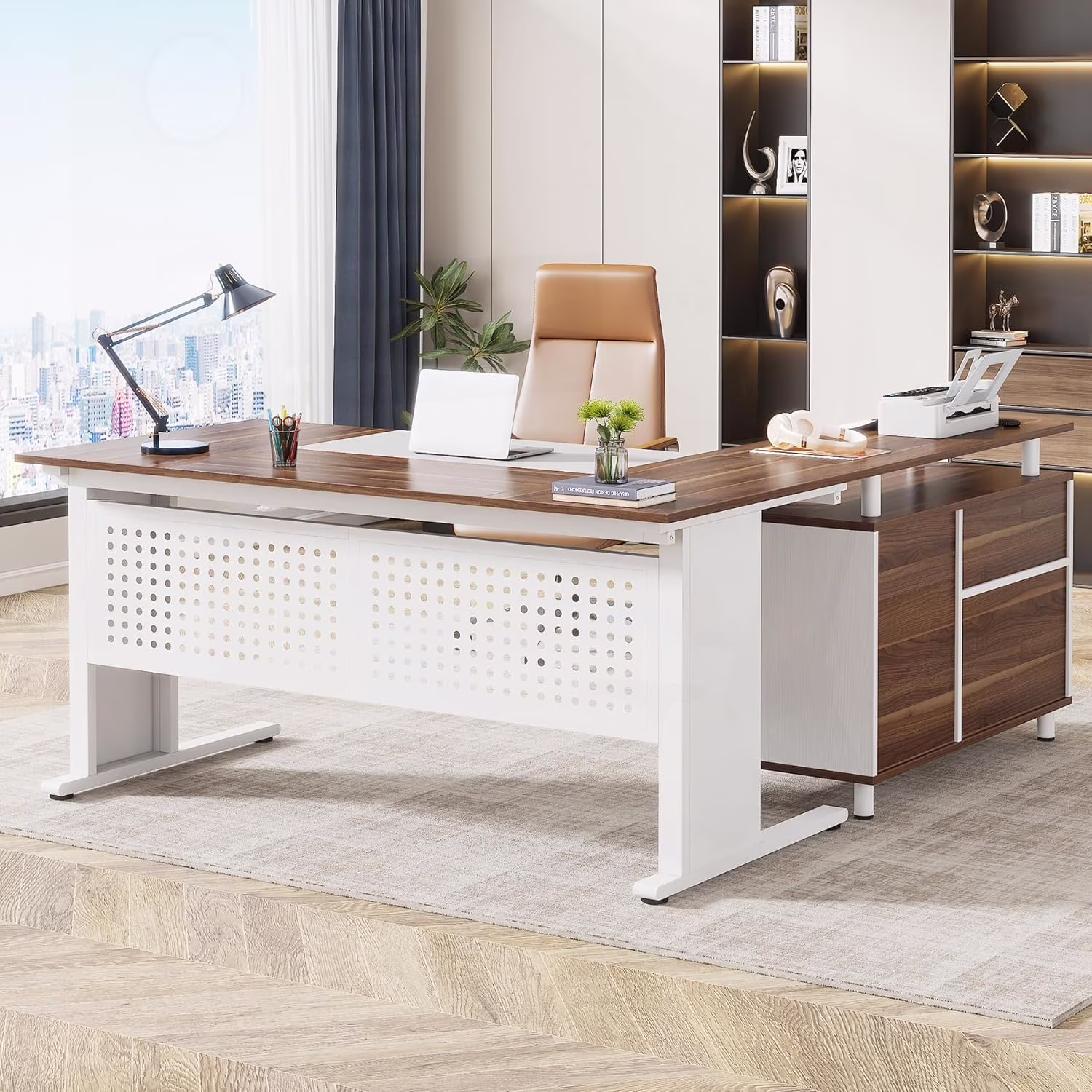 Tribesigns 63 Inch Executive Desk with File Cabinet, Large Office Desk L Shaped Computer Desk with Drawers and Storage Shelves, Business Furniture Desk Workstation for Home Office, Brown and Black