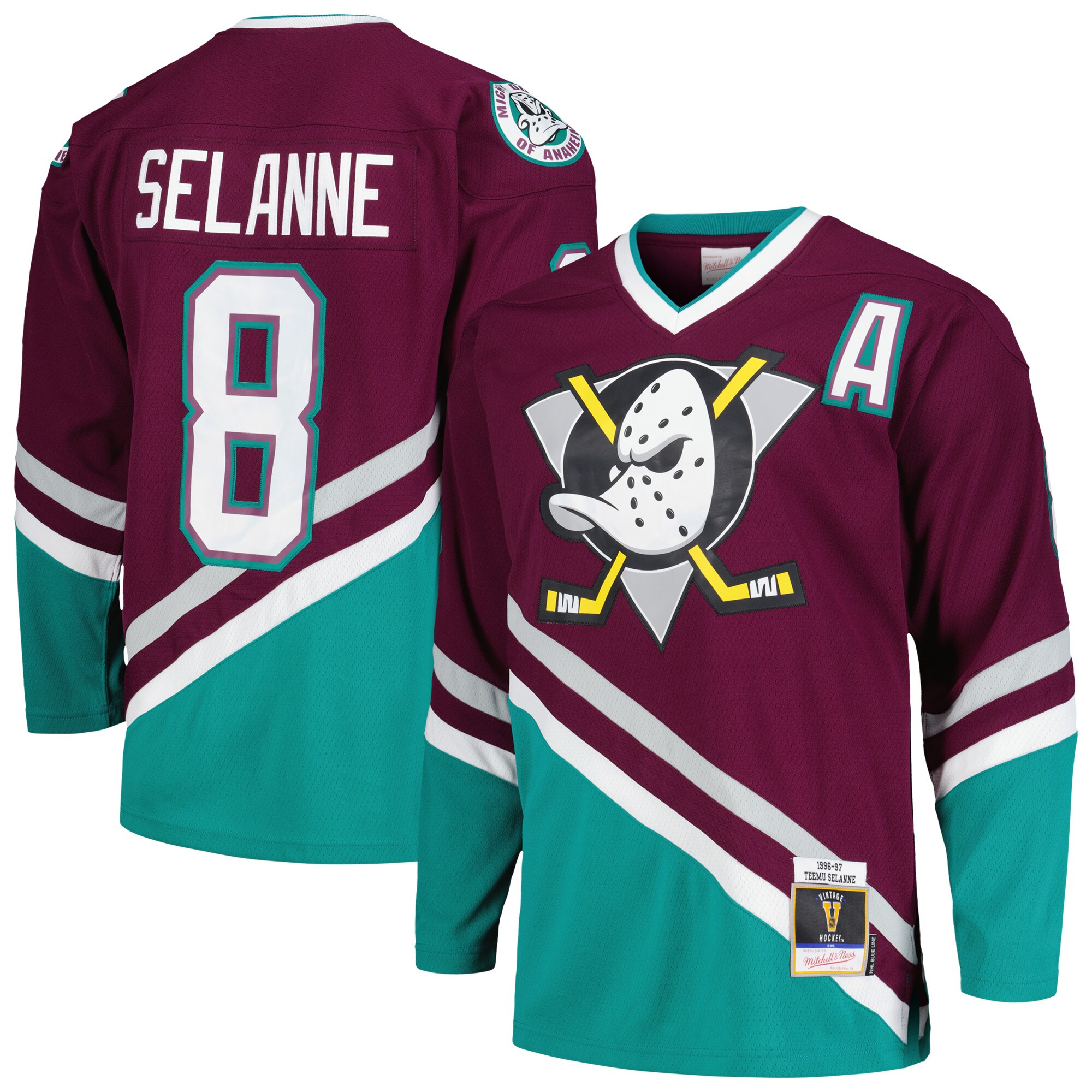 Teemu Selanne Anaheim Ducks Mitchell & Ness  1996/97 Alternate Captain Patch Blue Line  Jersey – Purple