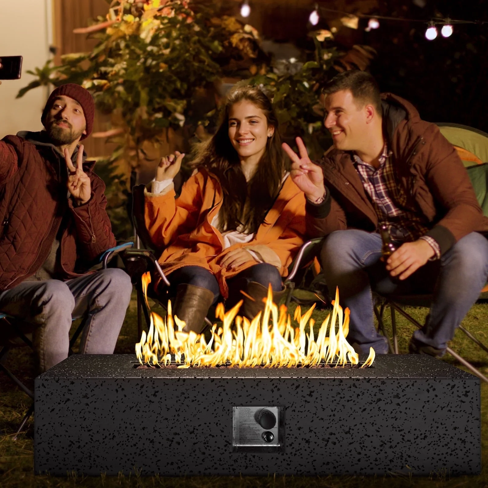 COSIEST 2-Piece Outdoor Rectangle Terrazzo White Propane Fire Table Set with Tank Cover Table