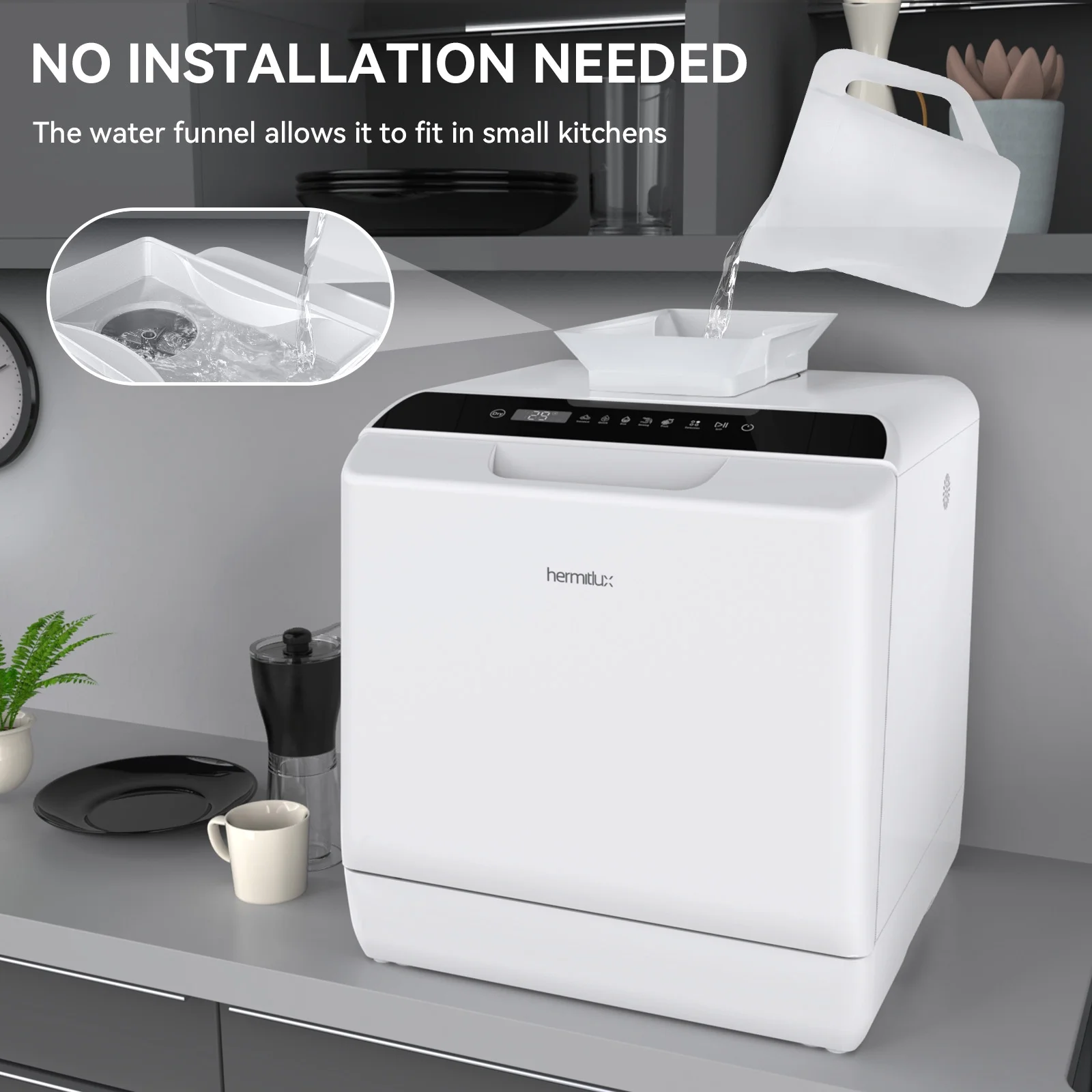 Hermitlux Portable Countertop Dishwasher, 5 Washing Programs, 5L Built-in Water Tank and Air-Dry Function, HMX-DW03