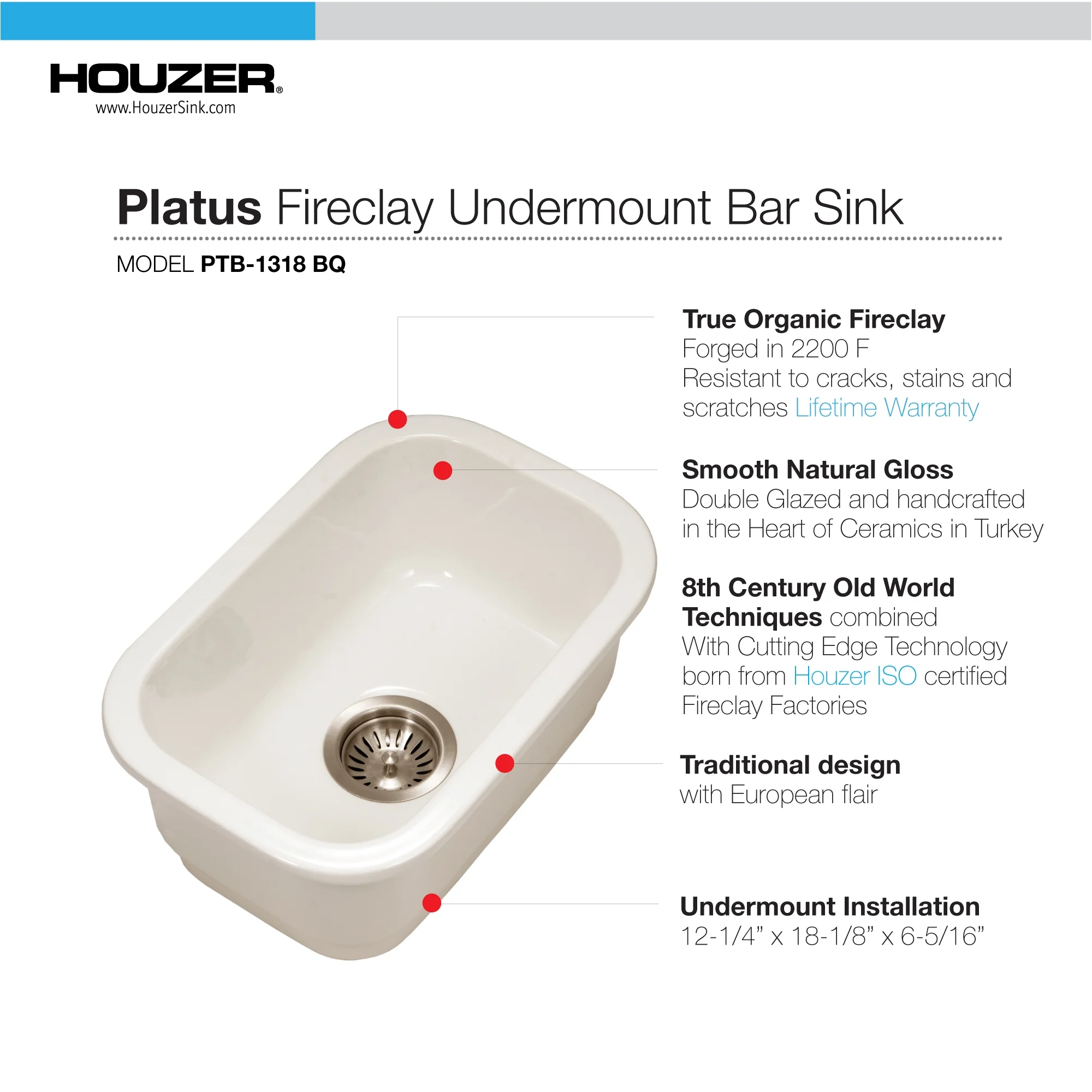 Houzer Platus 13 in White Fireclay Undermount Rectangle Single Bowl Bar Sink - PTB-1318 WH