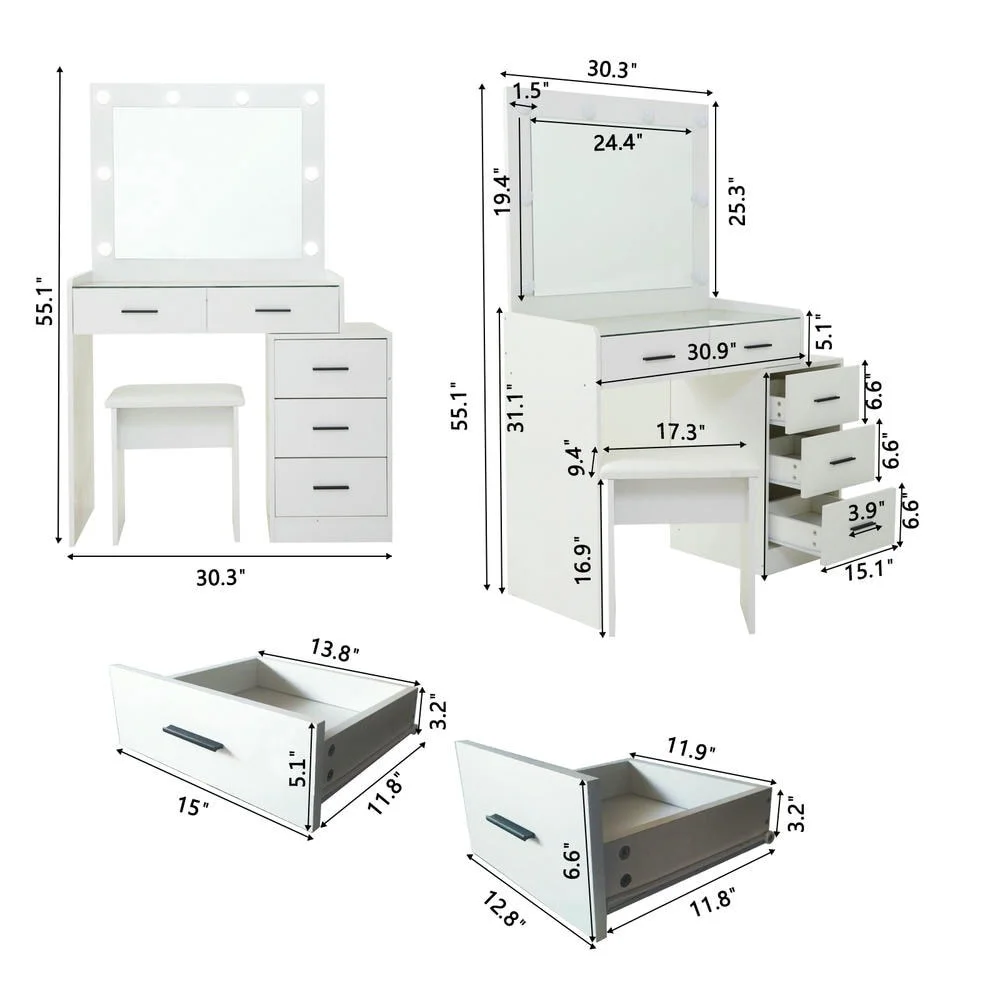 Kadyn Vanity Desk with Lighted Mirror, Vanity Table and Chair Set with 2 Drawers, Dressing Table Makeup Desk with 1 Door, Retro Gray