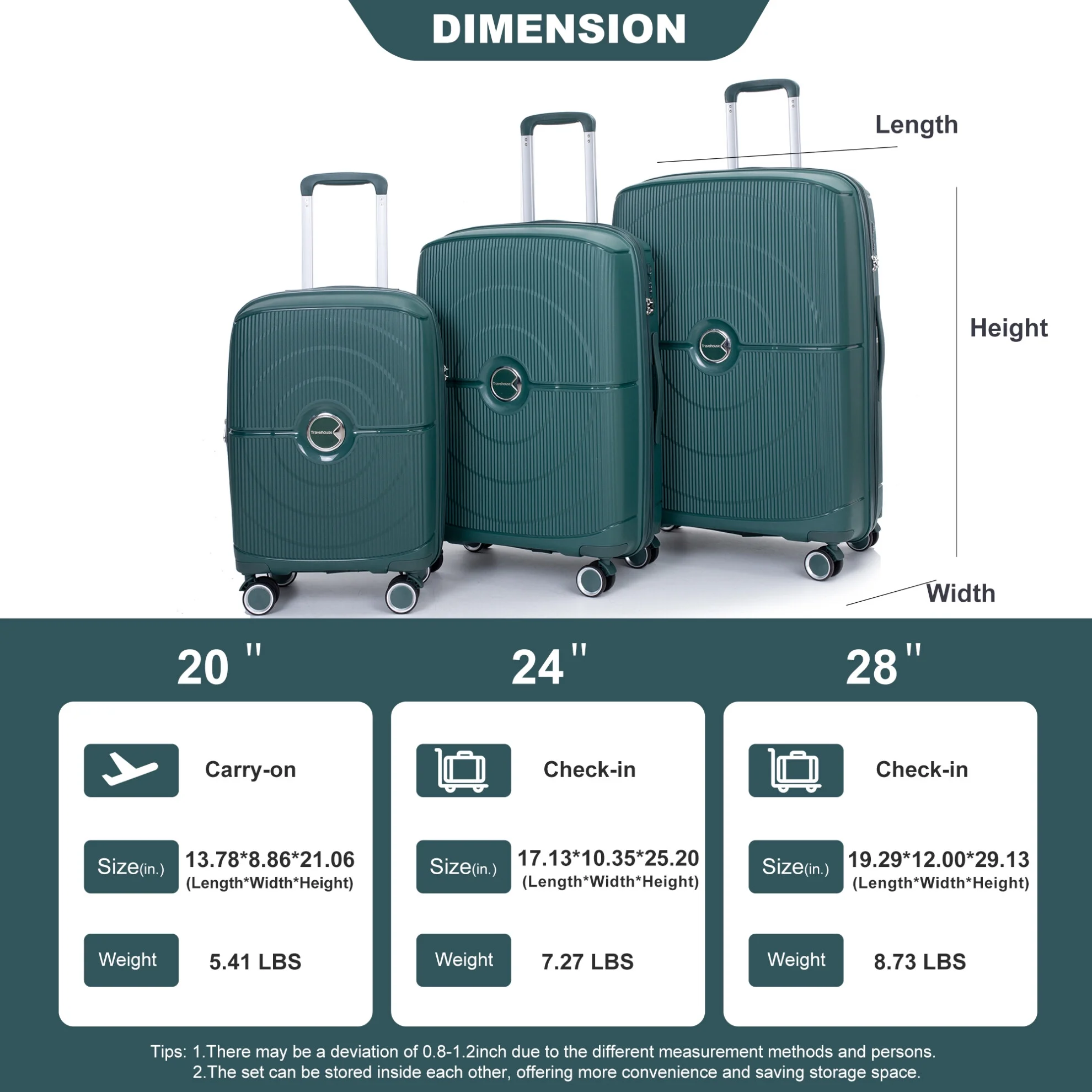 3 Pieces Luggage Set (20/24/28), Expandable PP Lightweight Hardshell Durable Suitcase with 4 Double 360 Degrees Mute Spinner Wheels and TSA Lock for Men Women, Black