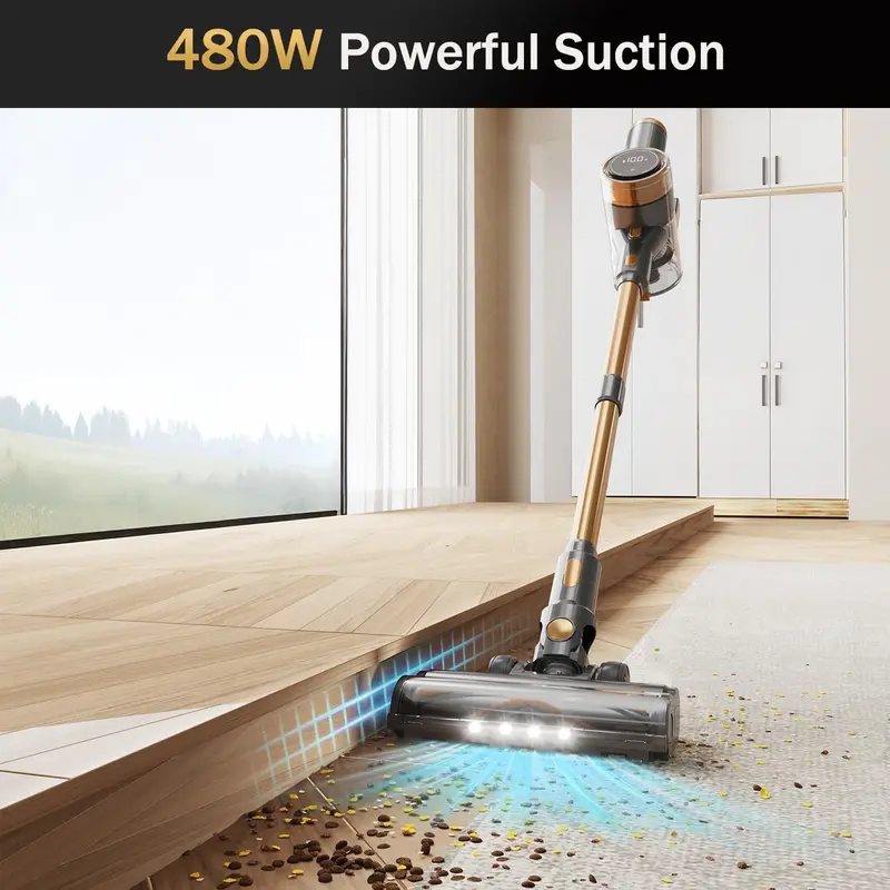 10-in-1 Gold Cordless Stick Vacuum: LED Touchscreen. 45-Min Battery Life. Lightweight & Powerful — Ideal for Hard Floors. Carpets & Pet Hair
