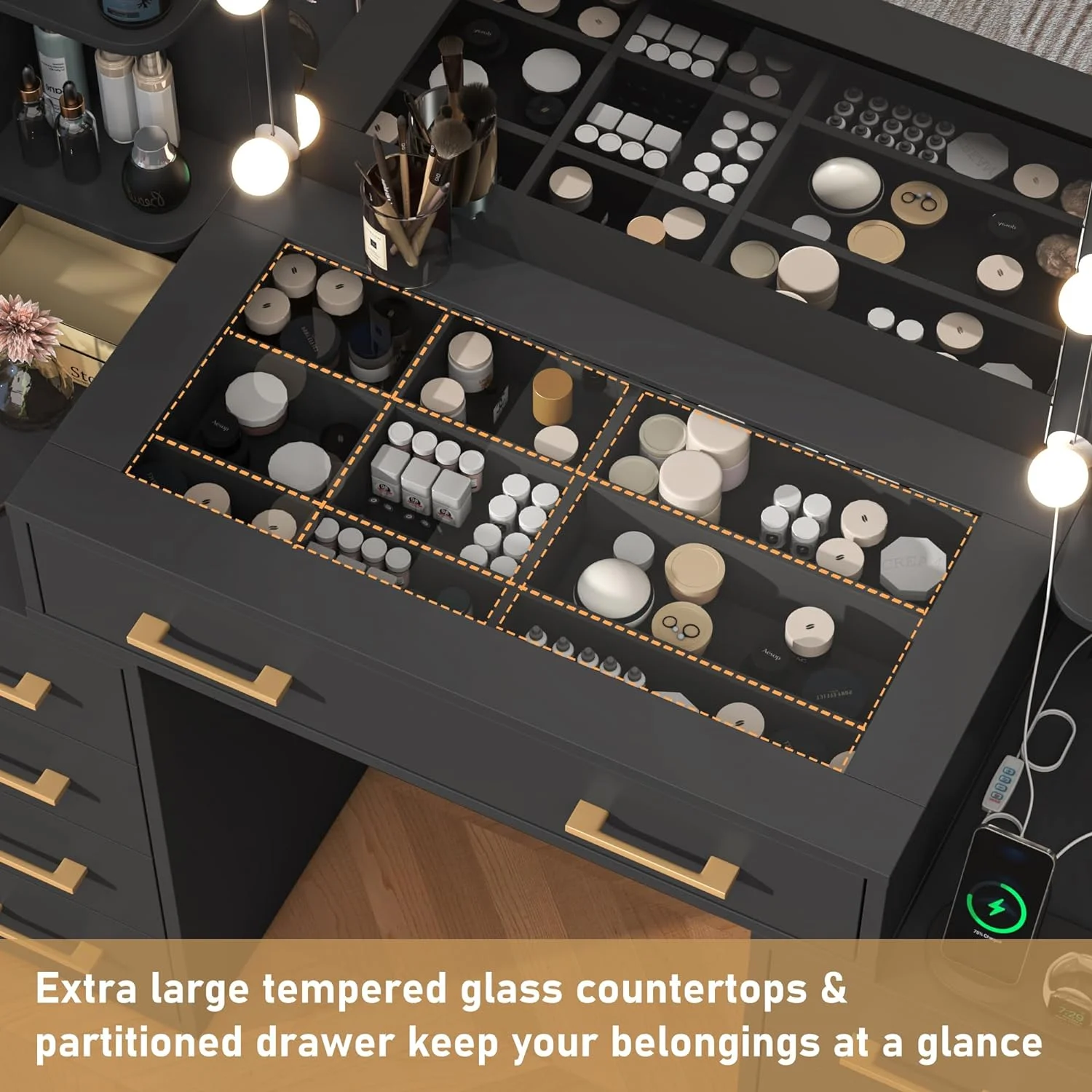 White Vanity Desk with Mirror & LED Lights, Glass Top Vanity Desk with Charging Station & Compartment Storage Drawers, 43