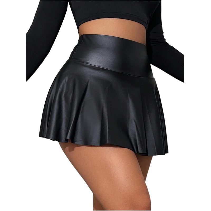 Women's PU Leather Elastic High Waist Skorts