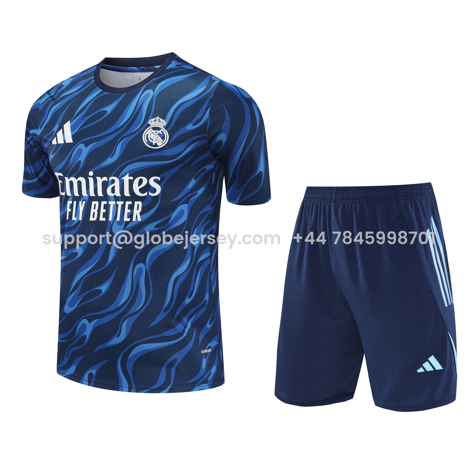 Real Madrid 25-26 Short-Sleeve Training Set - Blue Water Pattern Top & Deep Blue Shorts